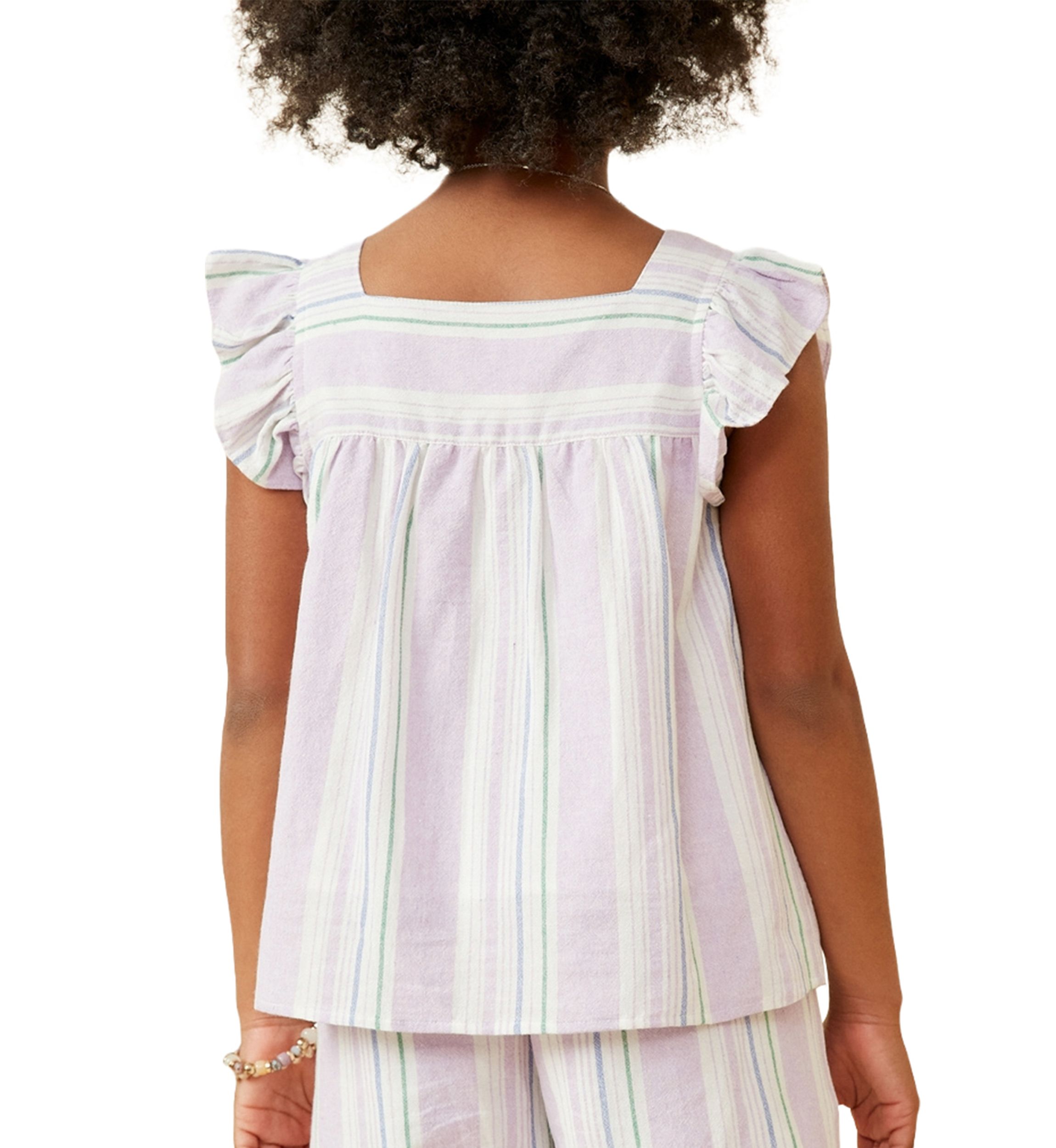 Girls 7-16 Striped Square Neck Ruffled Button Top