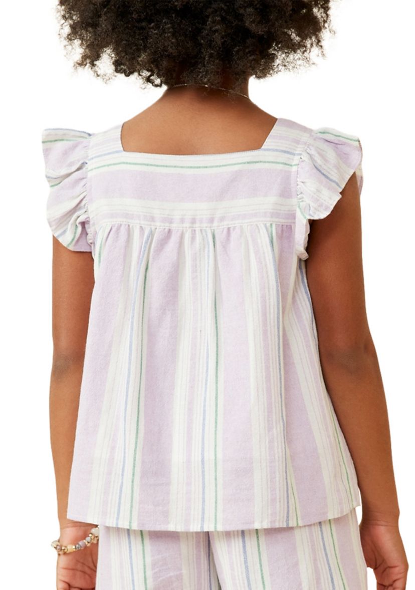 Girls 7-16 Striped Square Neck Ruffled Button Top