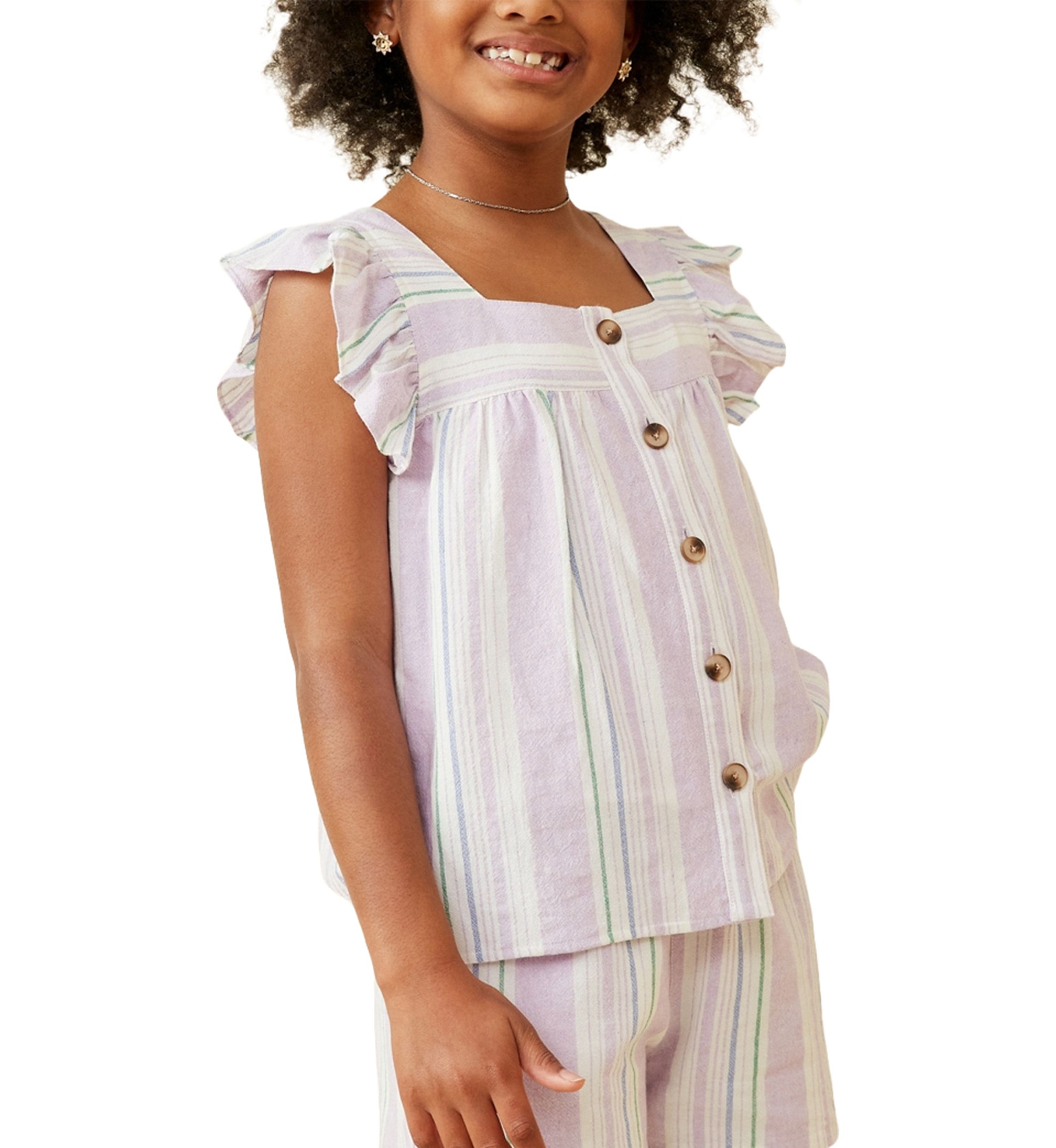 Girls 7-16 Striped Square Neck Ruffled Button Top