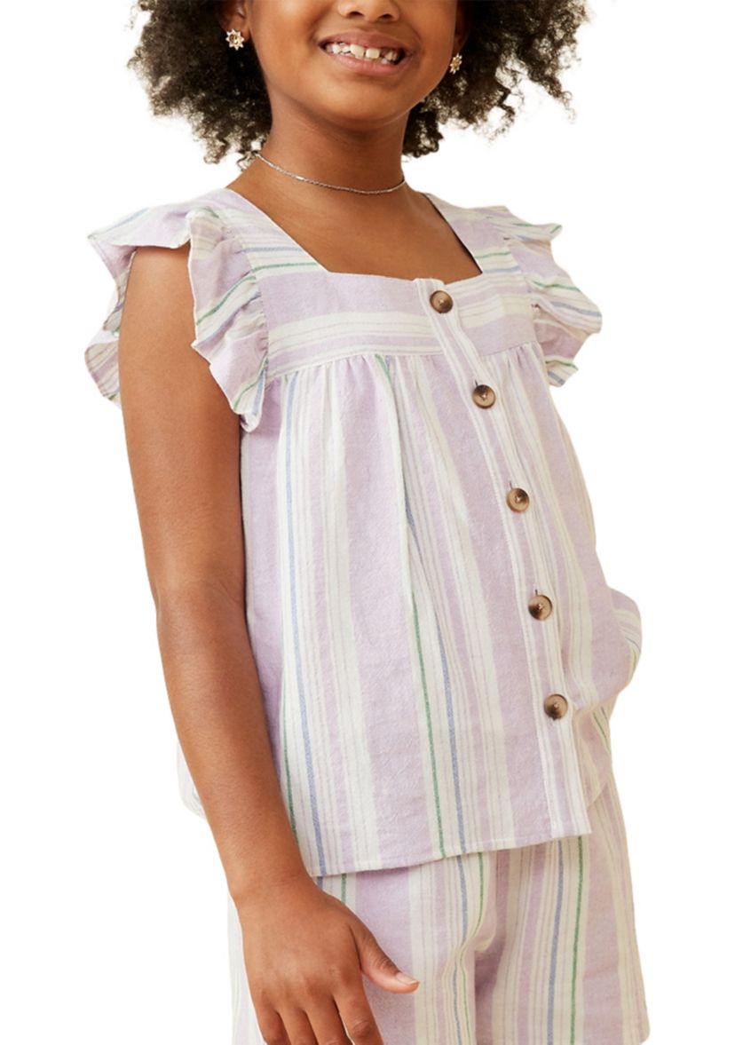 Girls 7-16 Striped Square Neck Ruffled Button Top