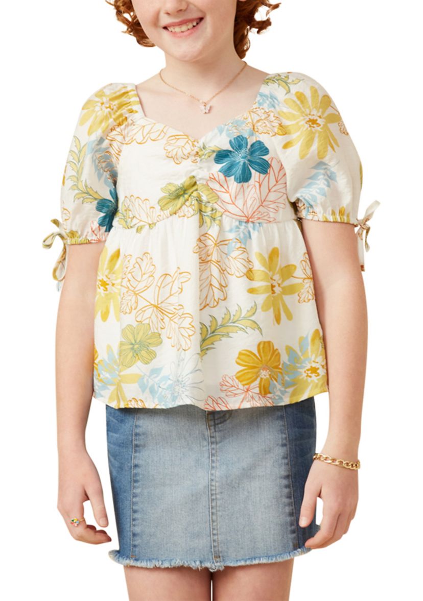 Girls 7-16 Textured Floral Printed Top