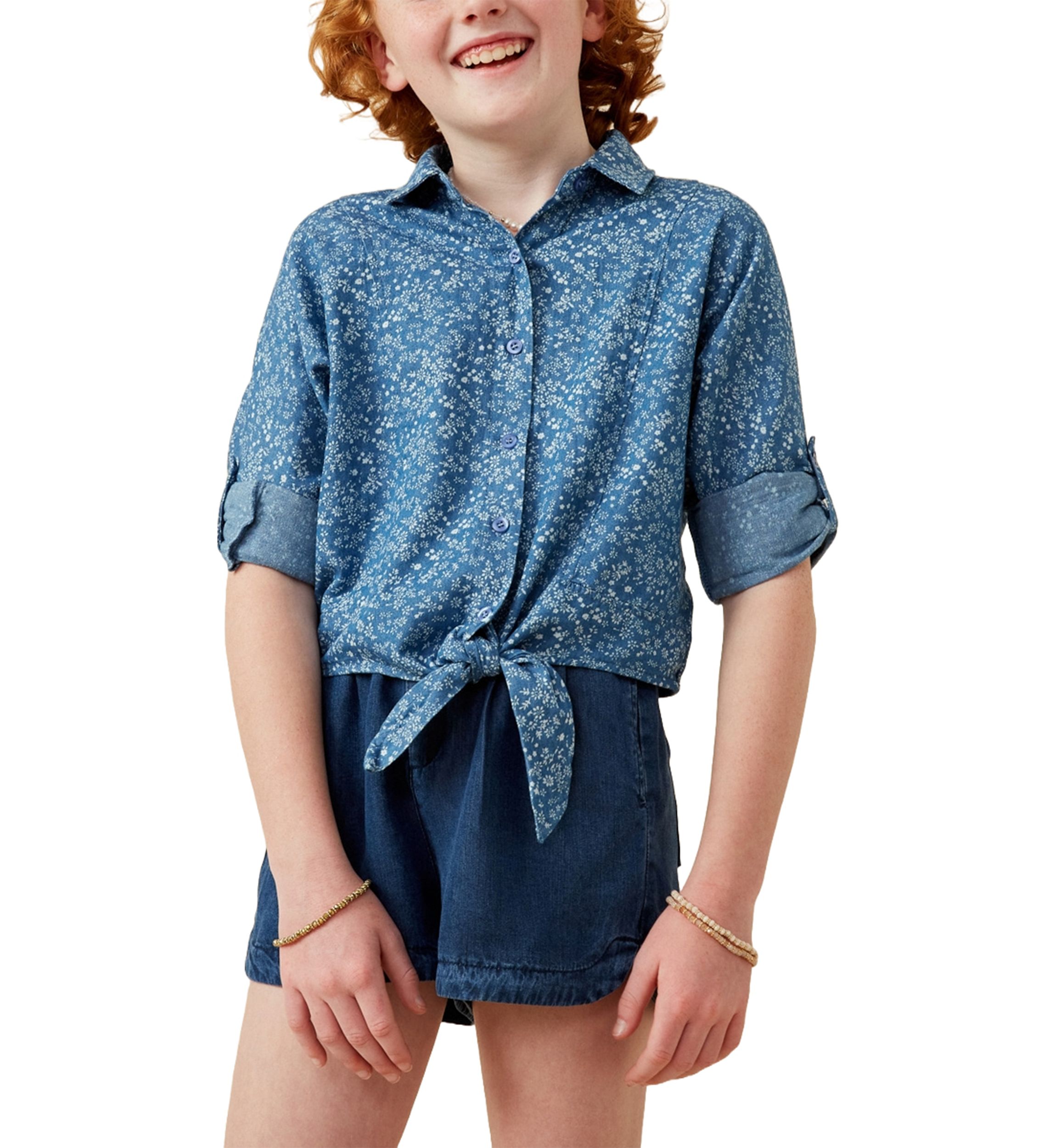 Girls 7-16 Denim Tie Front Roll Up Shirt