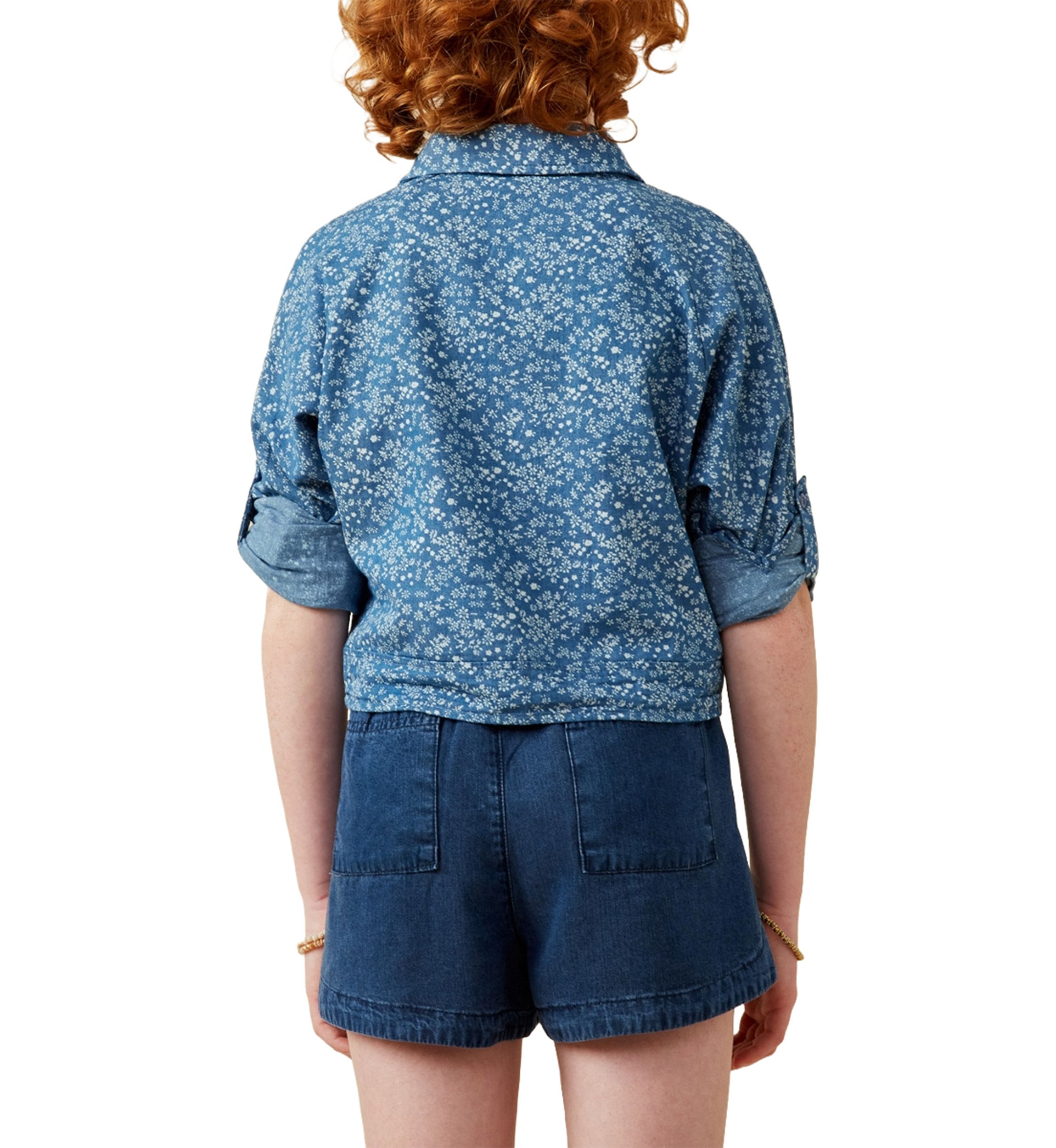 Girls 7-16 Denim Tie Front Roll Up Shirt