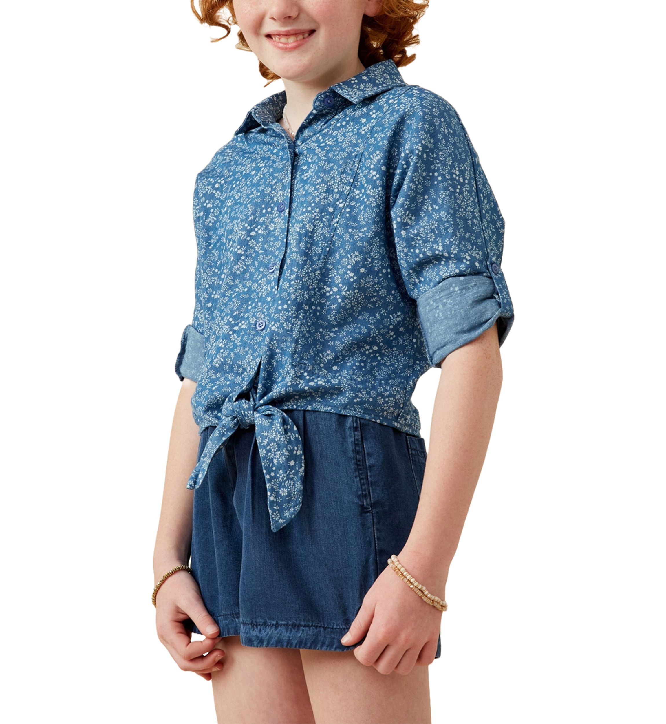Girls 7-16 Denim Tie Front Roll Up Shirt