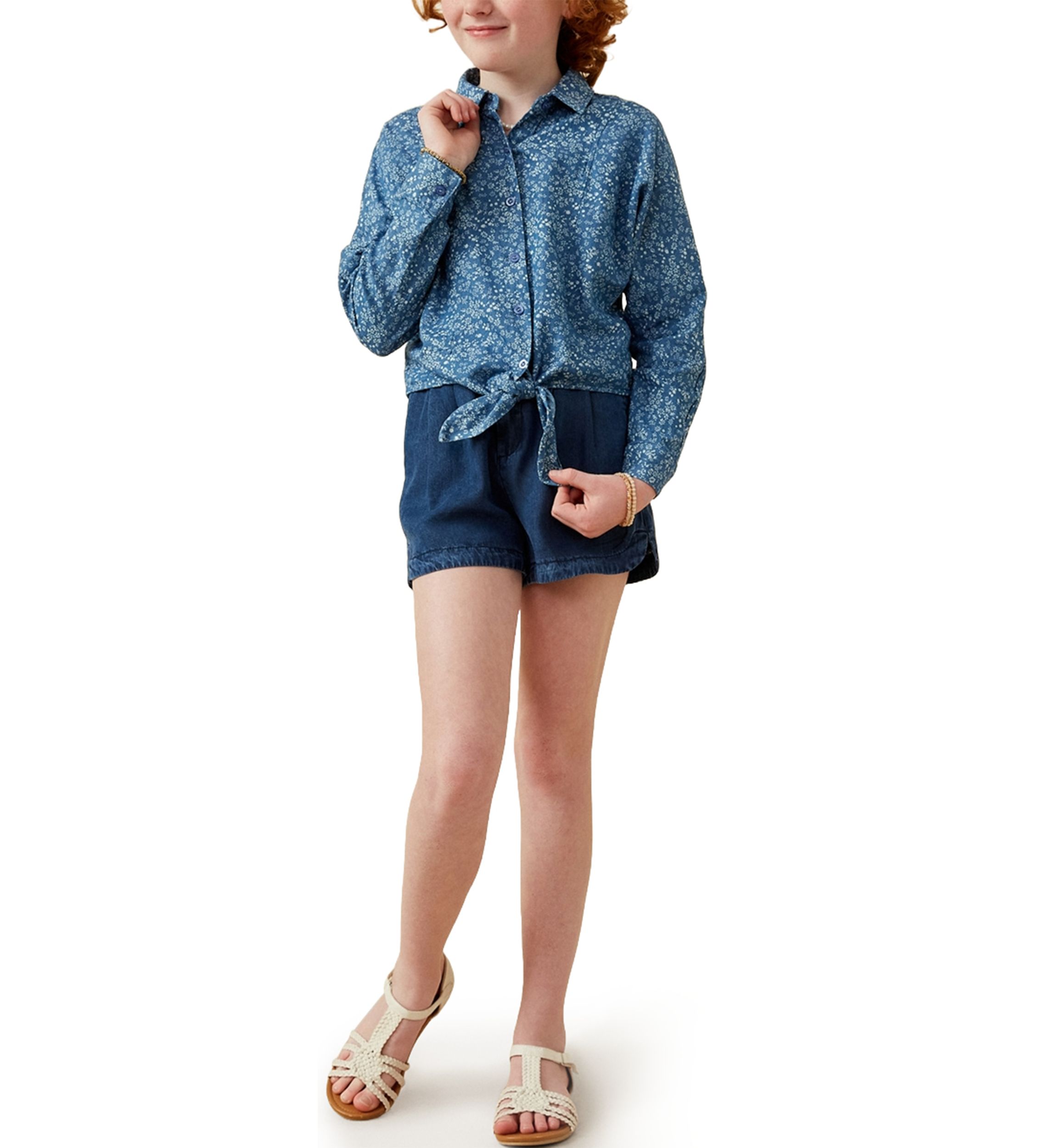 Girls 7-16 Denim Tie Front Roll Up Shirt