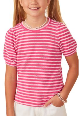 Girls 7-16 Textured Stripe Puff Sleeve Knit Top