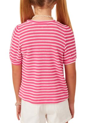 Girls 7-16 Textured Stripe Puff Sleeve Knit Top