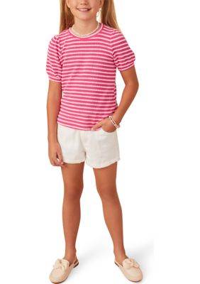 Girls 7-16 Textured Stripe Puff Sleeve Knit Top