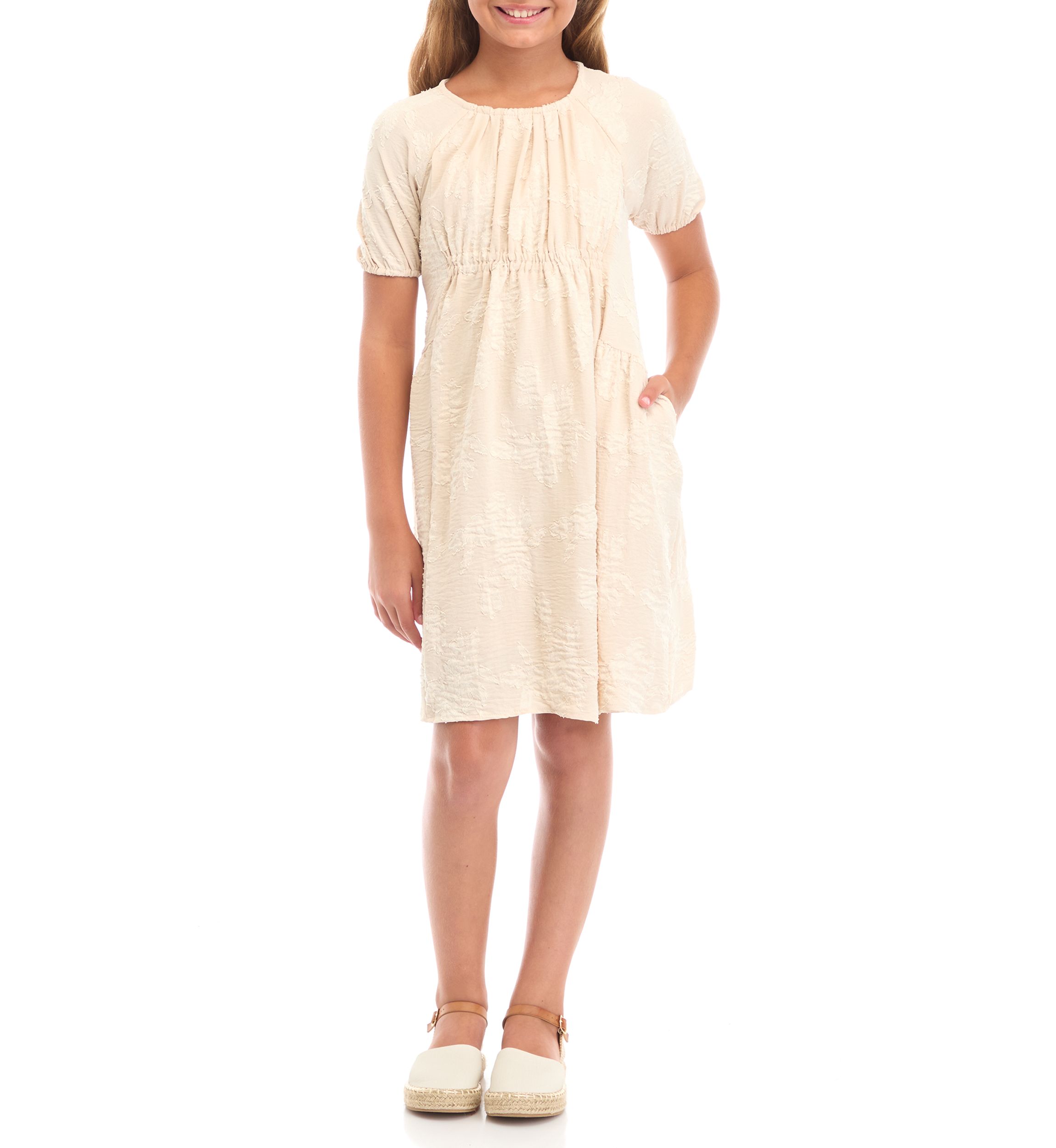 Girls 7-16 Monochromatic Botanical Textured Puff Sleeve Dress
