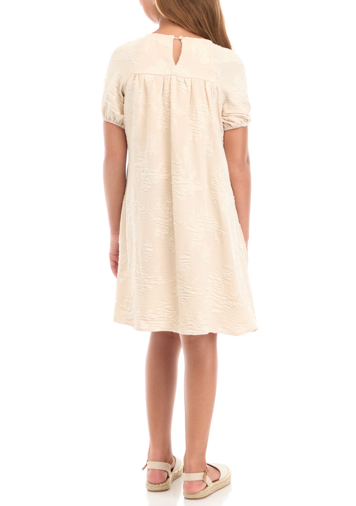 Girls 7-16 Monochromatic Botanical Textured Puff Sleeve Dress