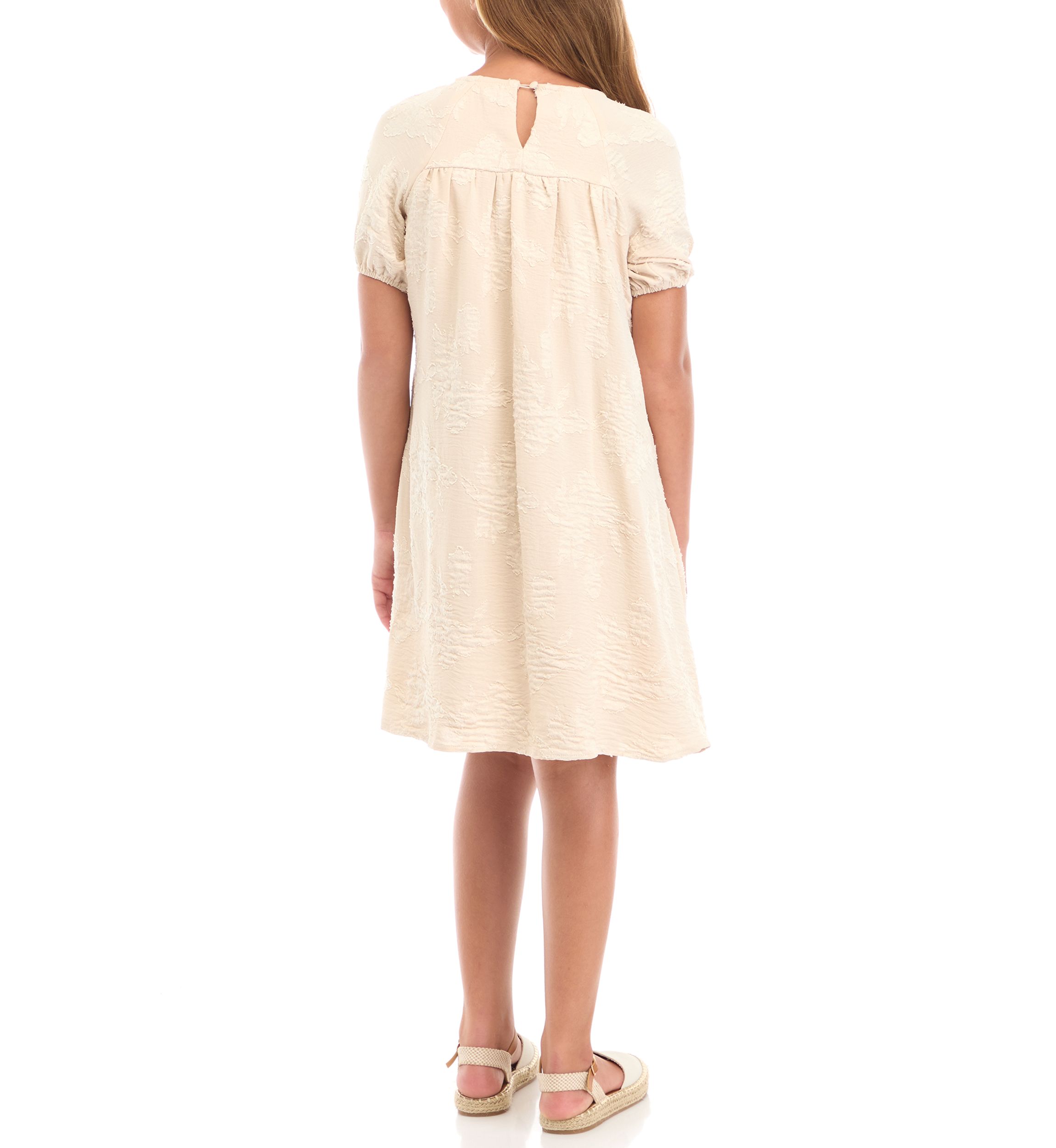 Girls 7-16 Monochromatic Botanical Textured Puff Sleeve Dress