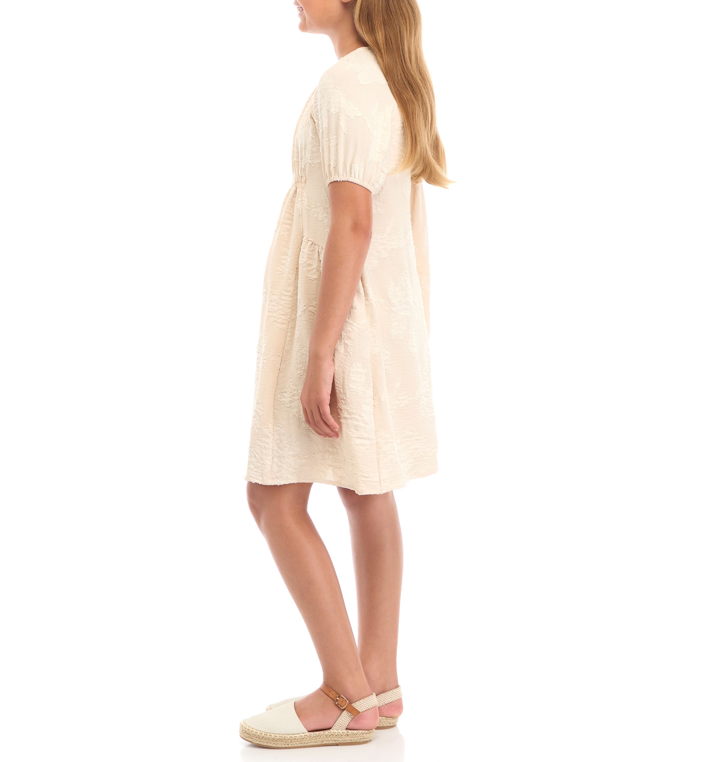 Girls 7-16 Monochromatic Botanical Textured Puff Sleeve Dress
