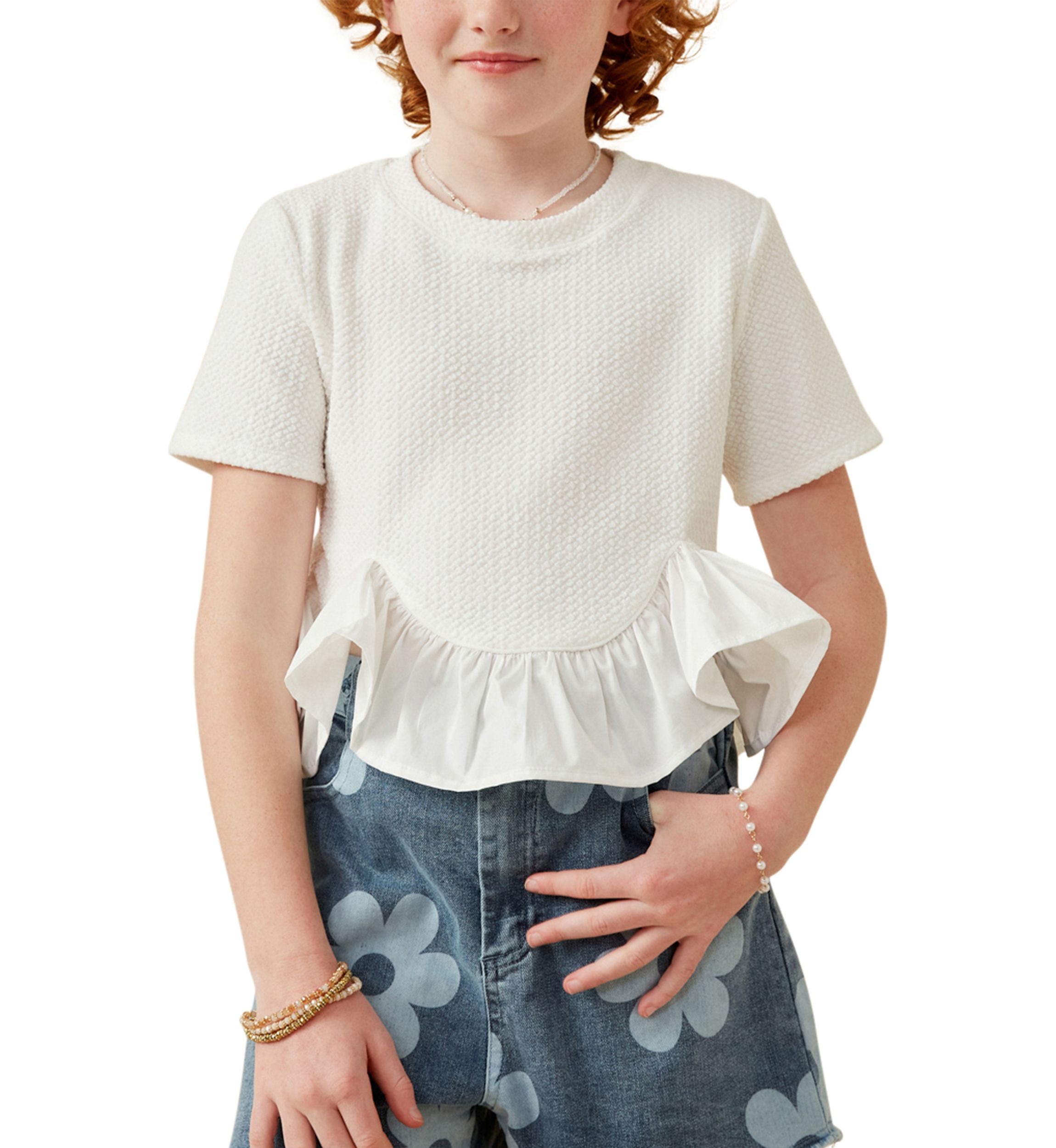 Girls 7-16 Mixed Media Poplin Knit Hem Top