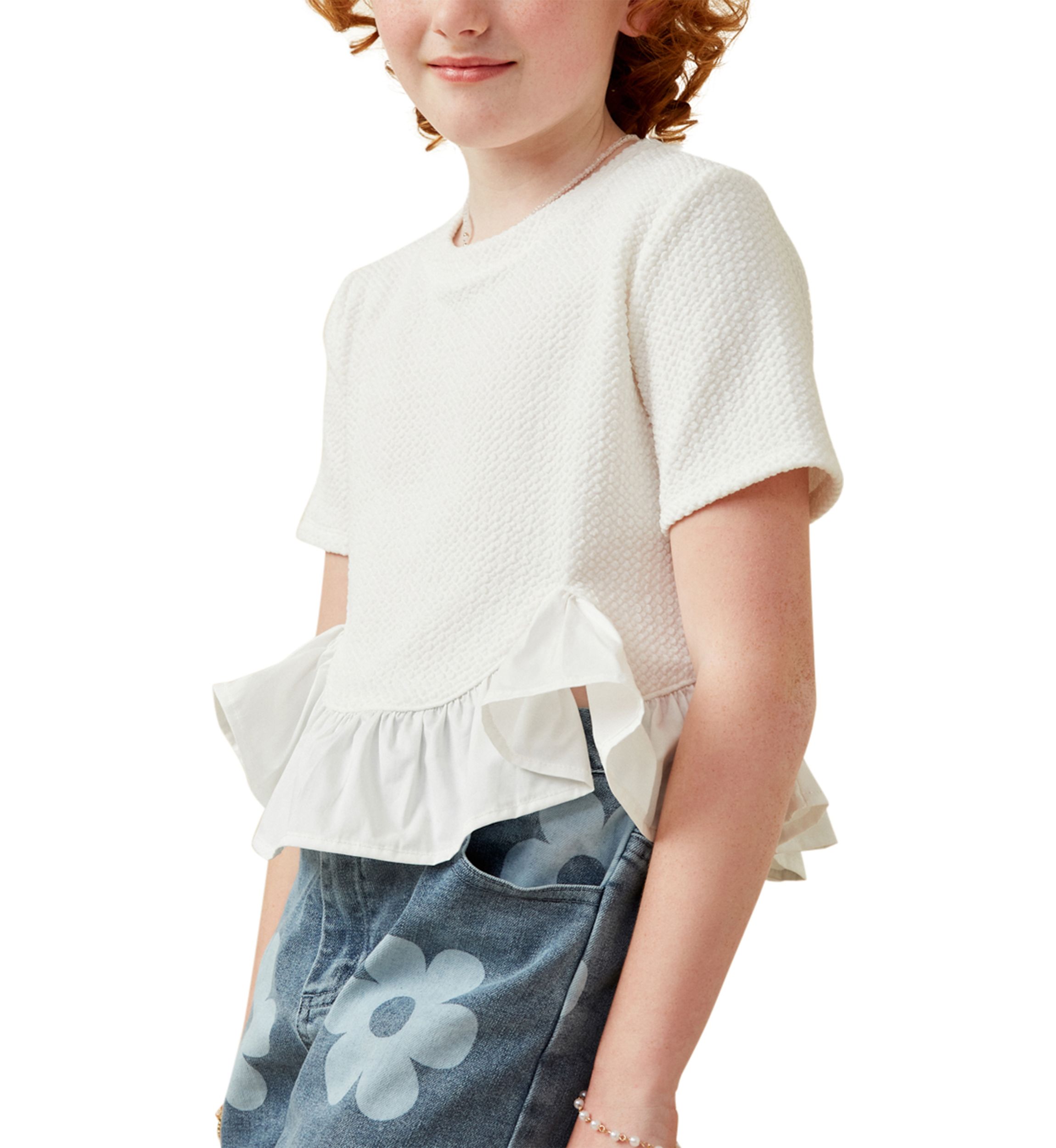 Girls 7-16 Mixed Media Poplin Knit Hem Top
