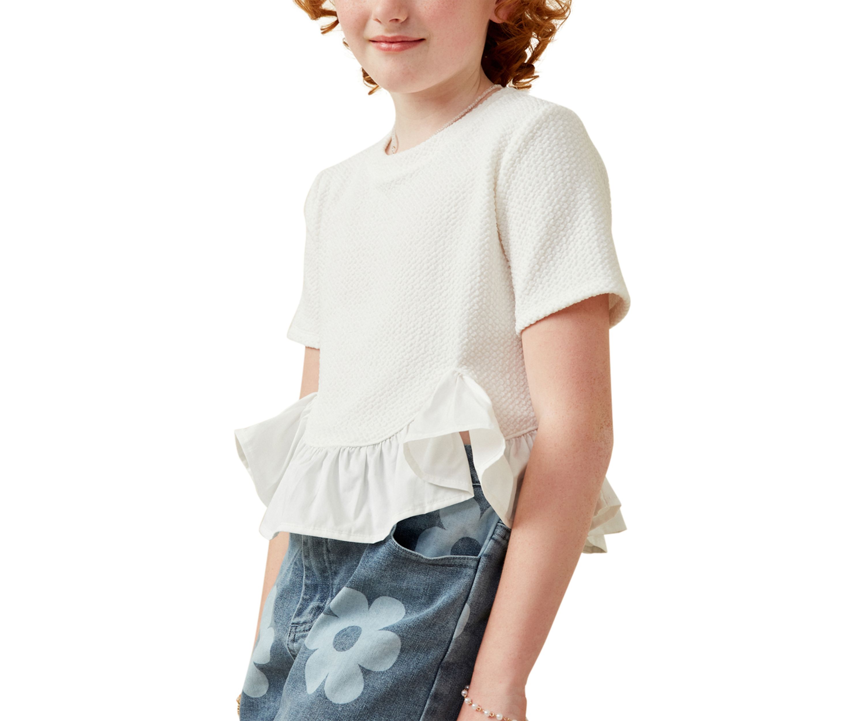 Girls 7-16 Mixed Media Poplin Knit Hem Top