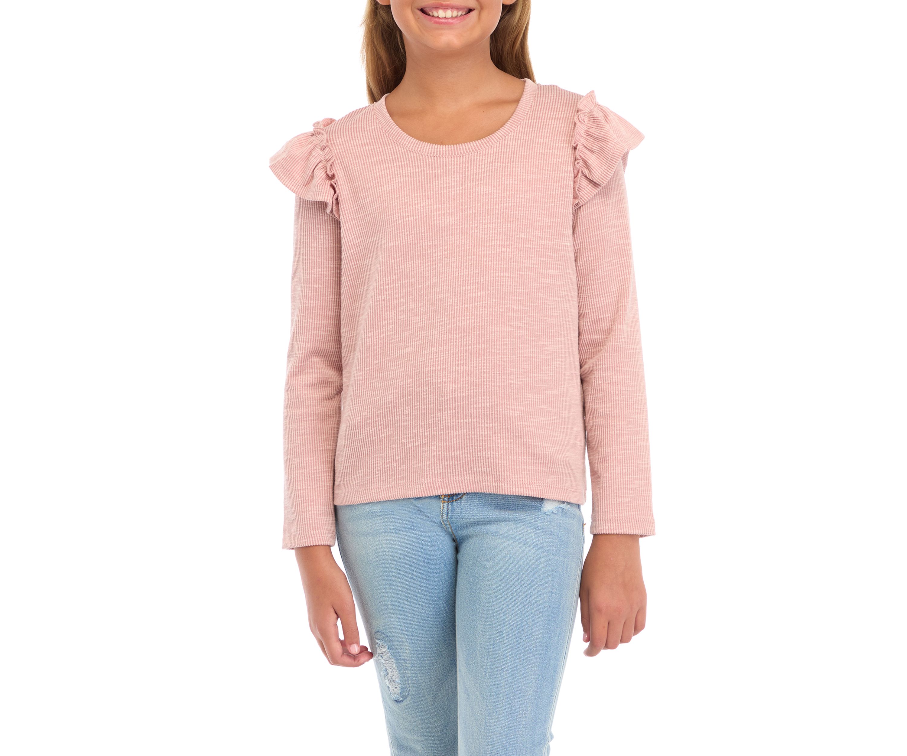 Girls 7-16 Marled Textured Ruffle Detail Scoop Knit Top