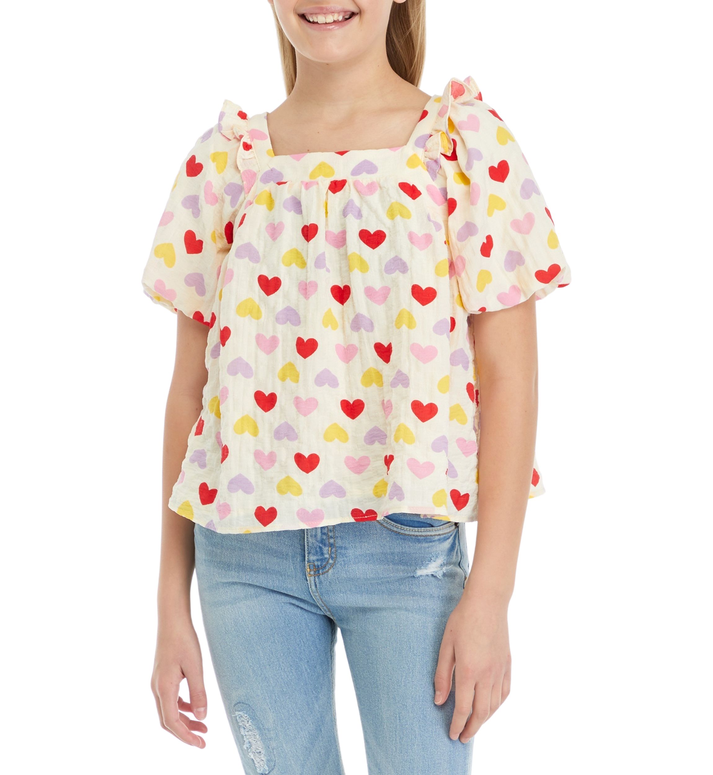 Girls 7-16 Ruffle Heart Print Top