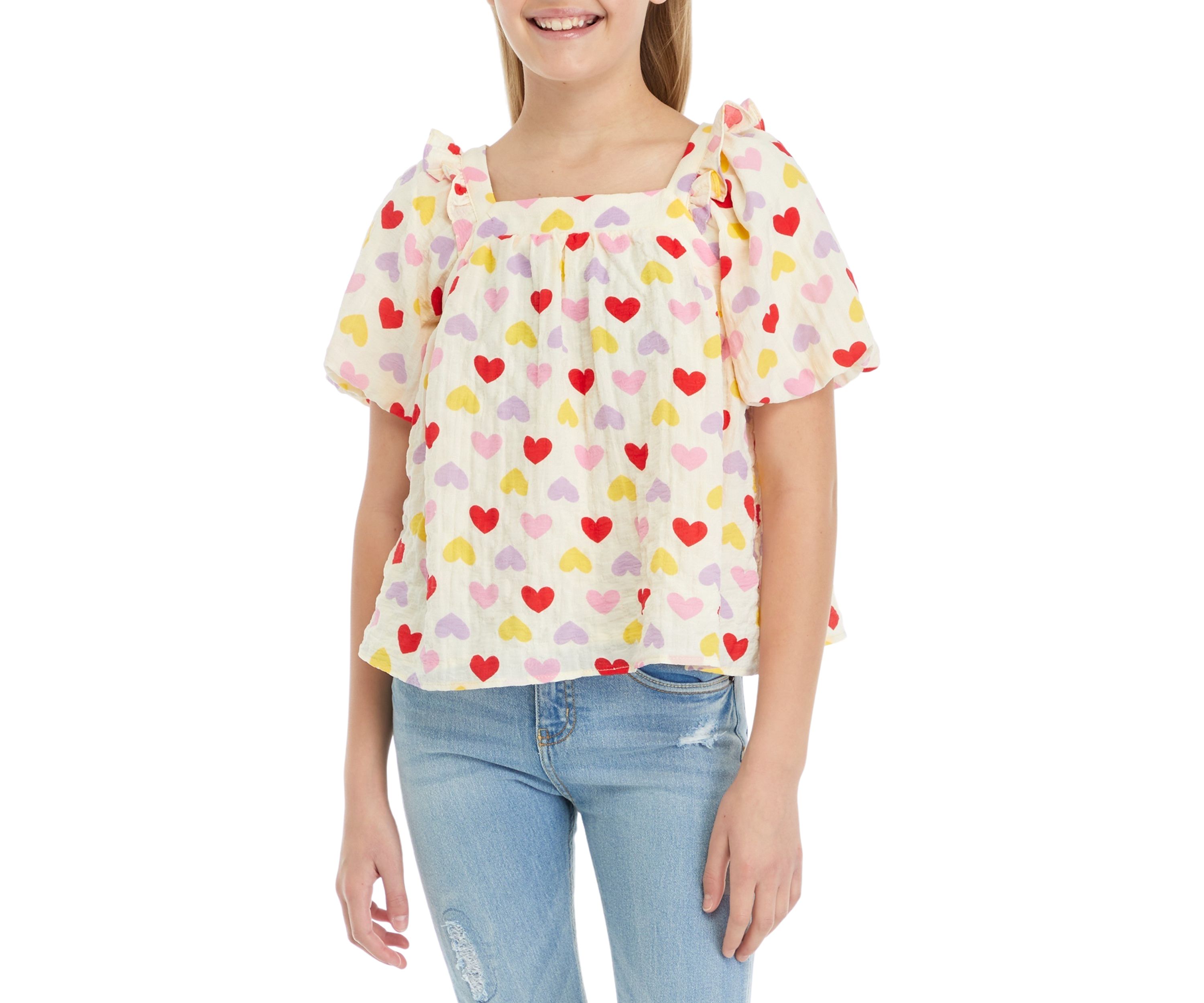 Girls 7-16 Ruffle Heart Print Top