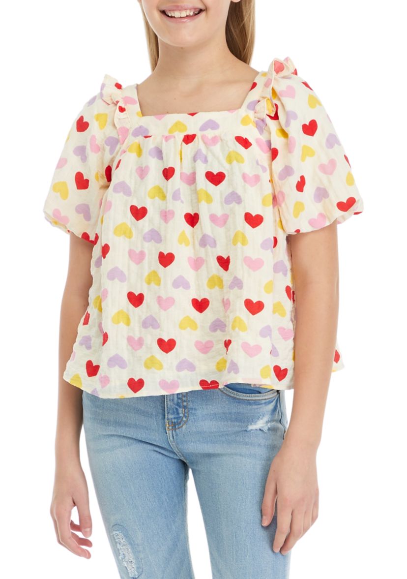 Girls 7-16 Ruffle Heart Print Top