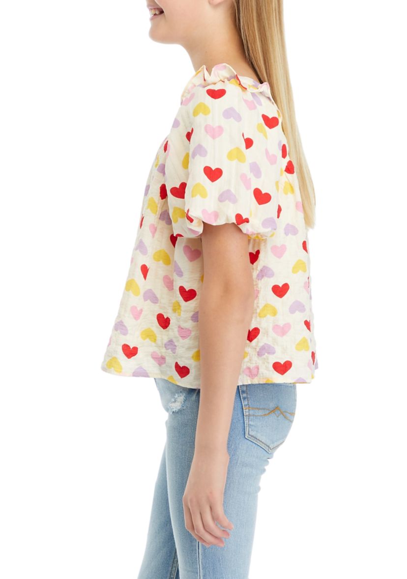 Girls 7-16 Ruffle Heart Print Top