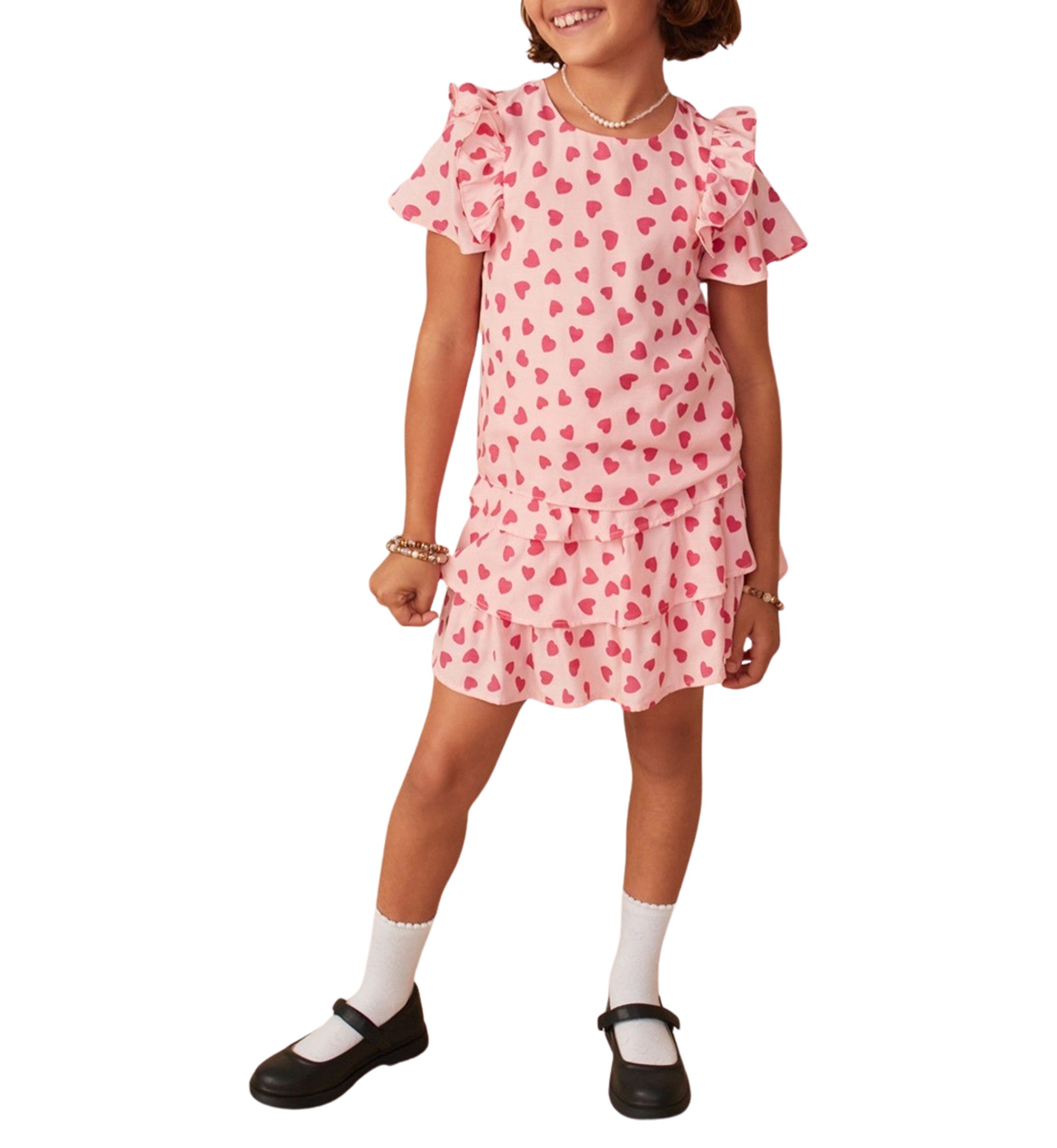 Girls 7-16 Heart Printed Ruffle Dress