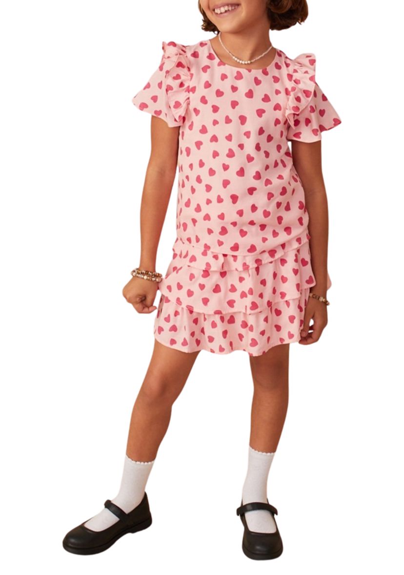 Girls 7-16 Heart Printed Ruffle Dress