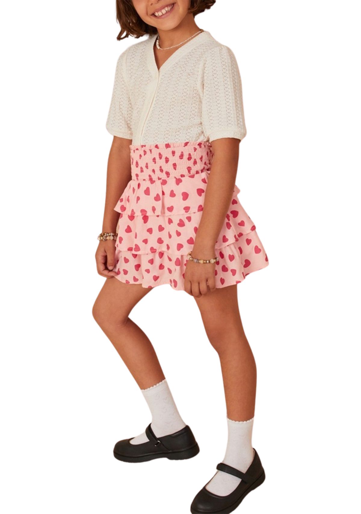 Girls 7-16 Smocked Tiered Heart Printed Skirt