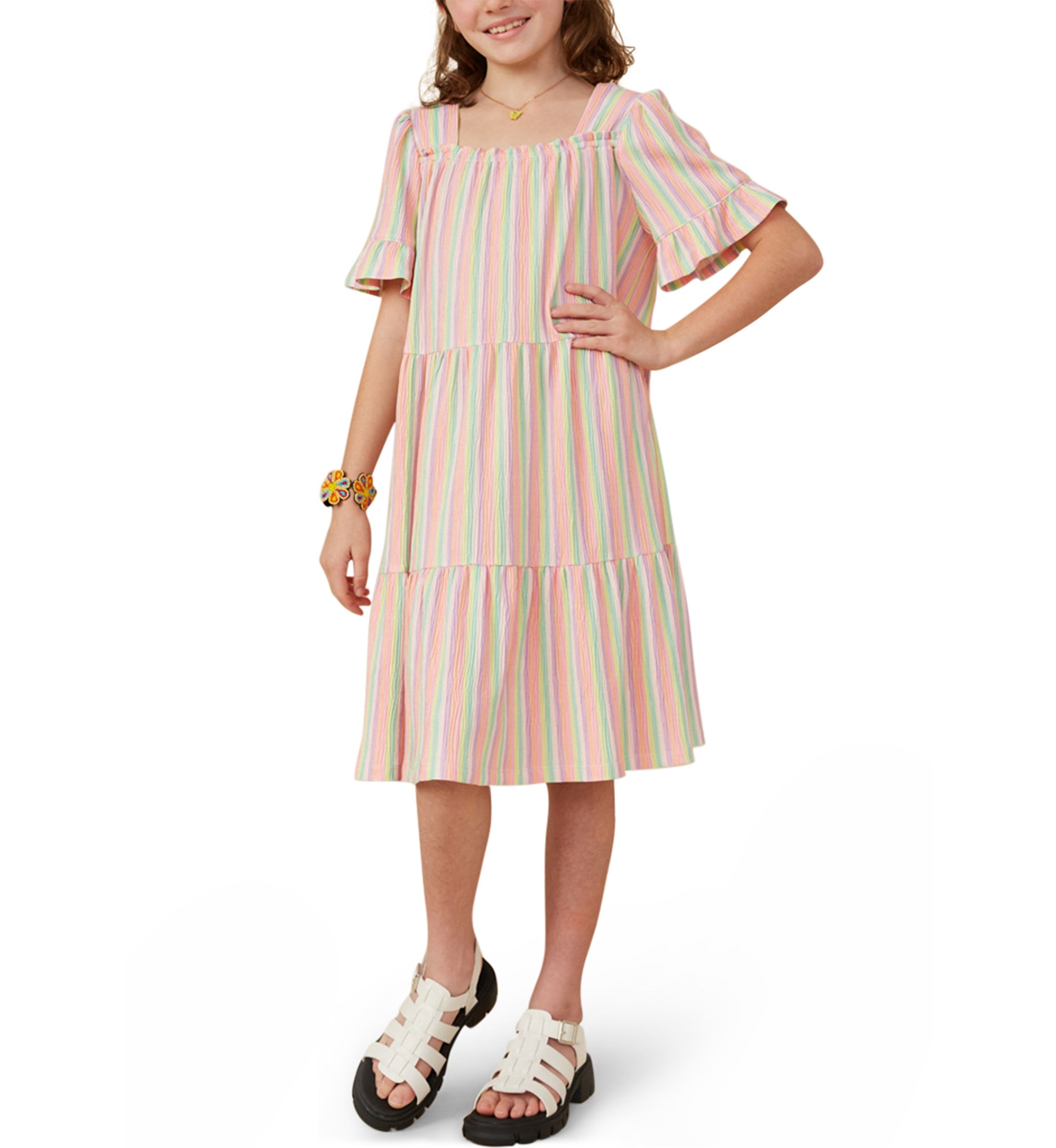 Girls 7-16 Textured Striped Tiered Dress