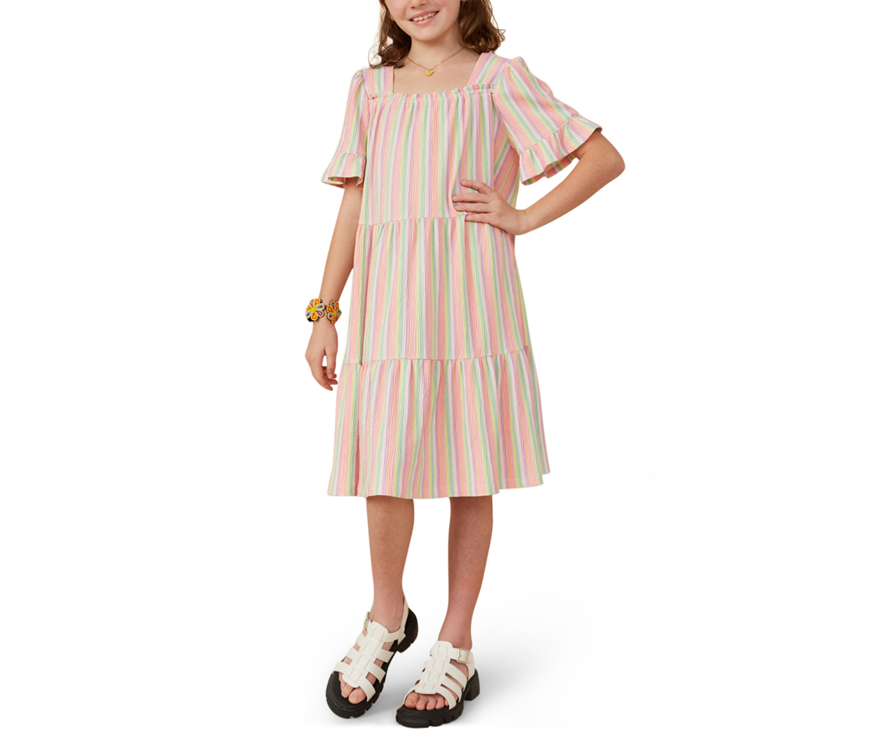 Girls 7-16 Textured Striped Tiered Dress