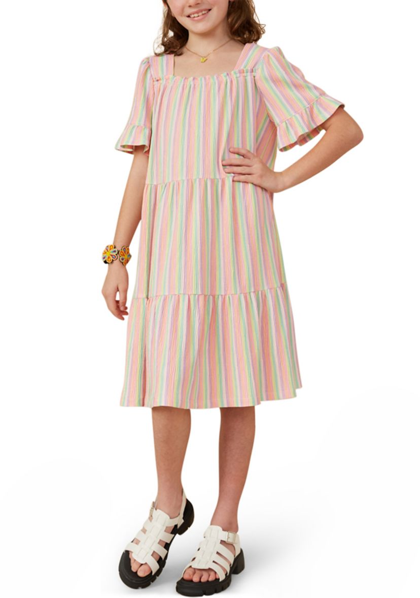 Girls 7-16 Textured Striped Tiered Dress