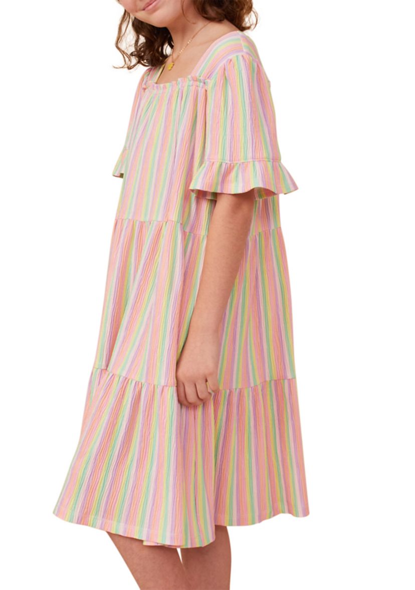 Girls 7-16 Textured Striped Tiered Dress