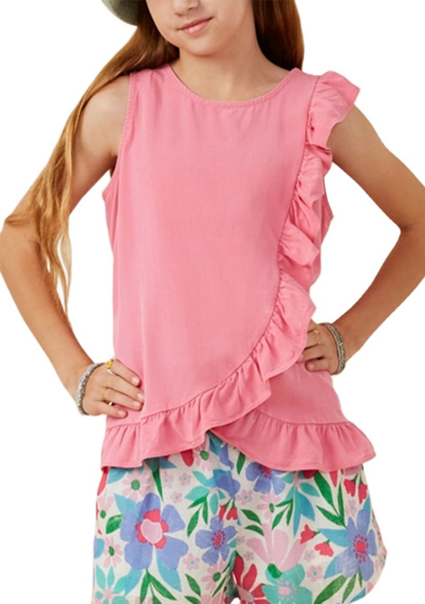 Girls 7-16 Washed Ruffle Crew Neck Top 
