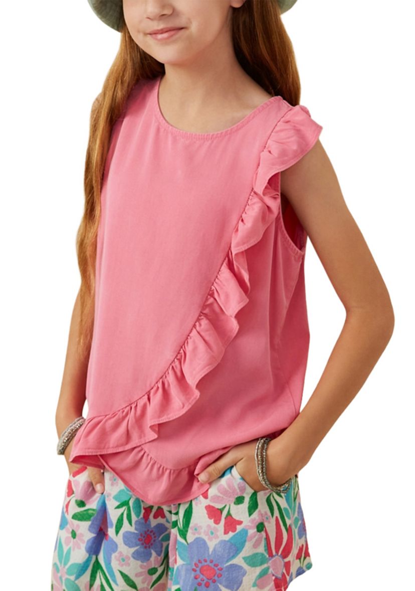 Girls 7-16 Washed Ruffle Crew Neck Top 