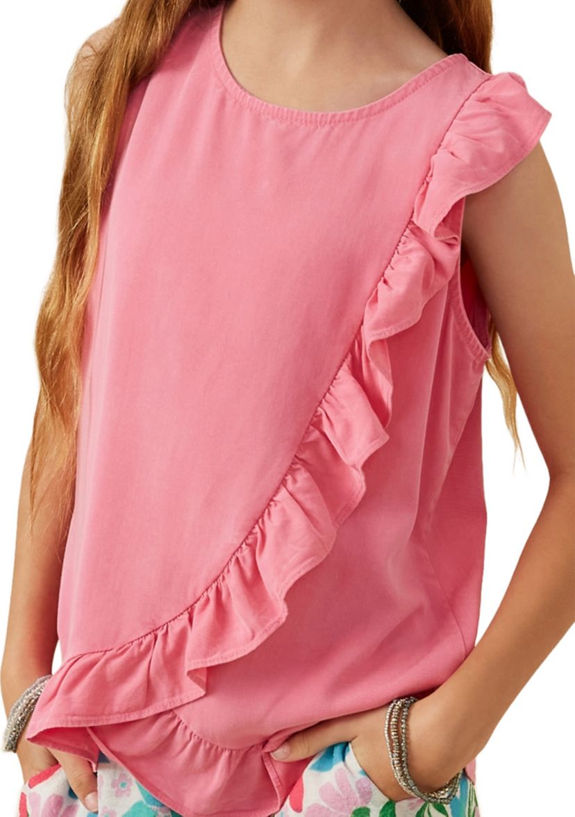 Girls 7-16 Washed Ruffle Crew Neck Top 
