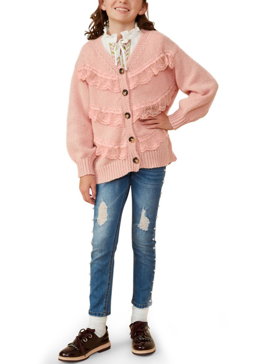 Girls 7-16 Cardigan with Tiered Lace Detail