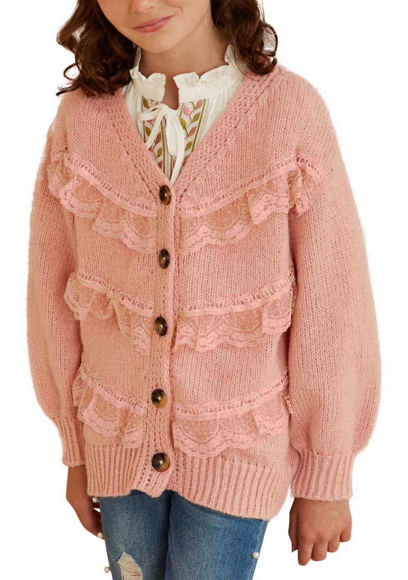 Girls 7-16 Cardigan with Tiered Lace Detail