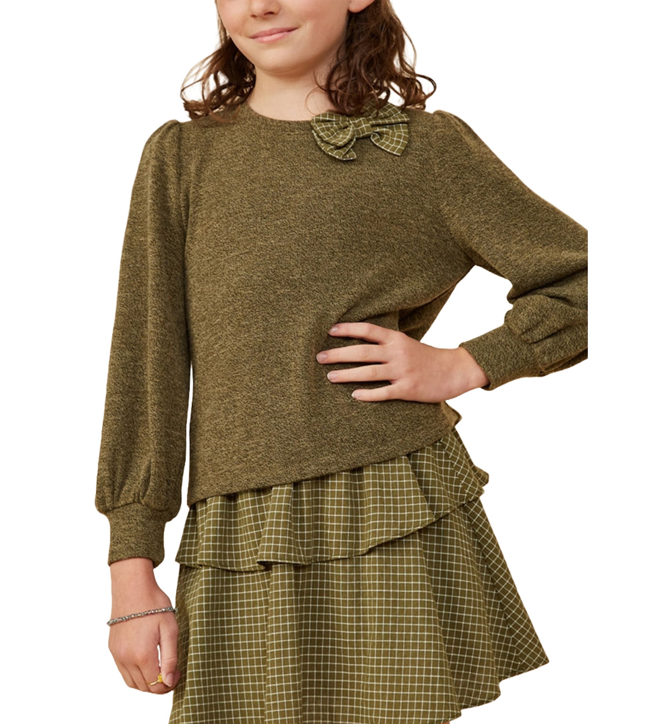Girls 7-16 Knit Top with Plaid Bow