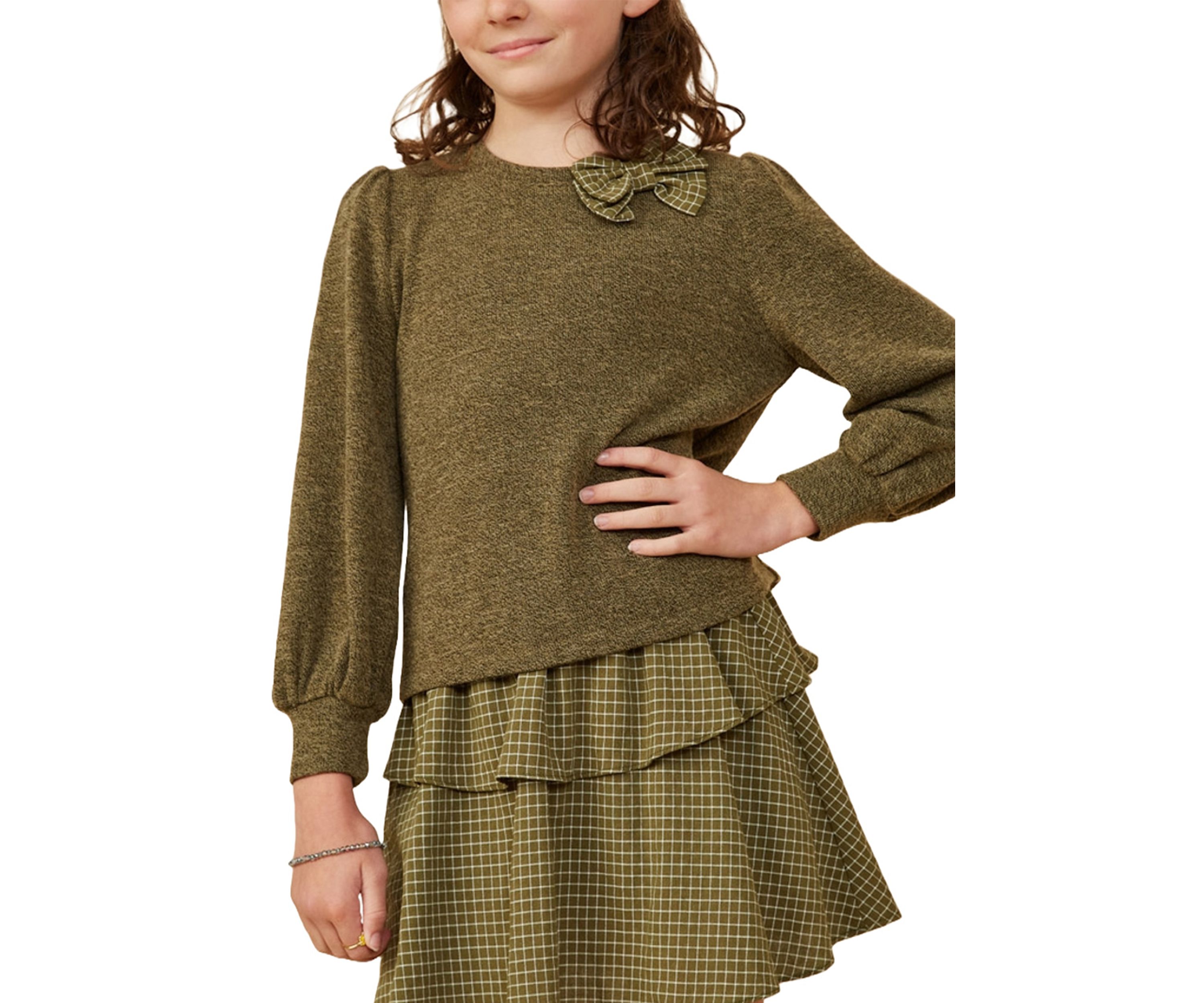 Girls 7-16 Knit Top with Plaid Bow