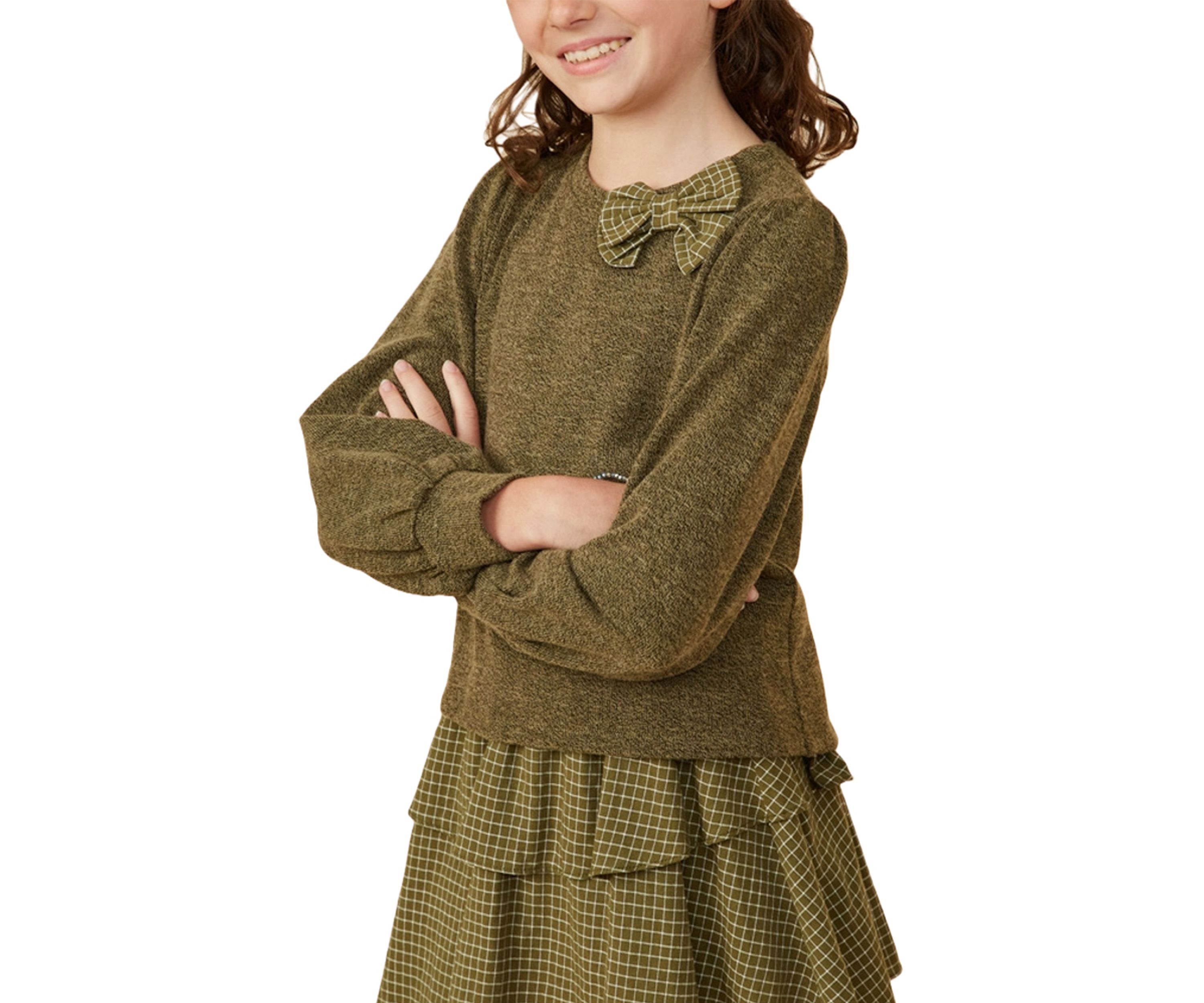 Girls 7-16 Knit Top with Plaid Bow