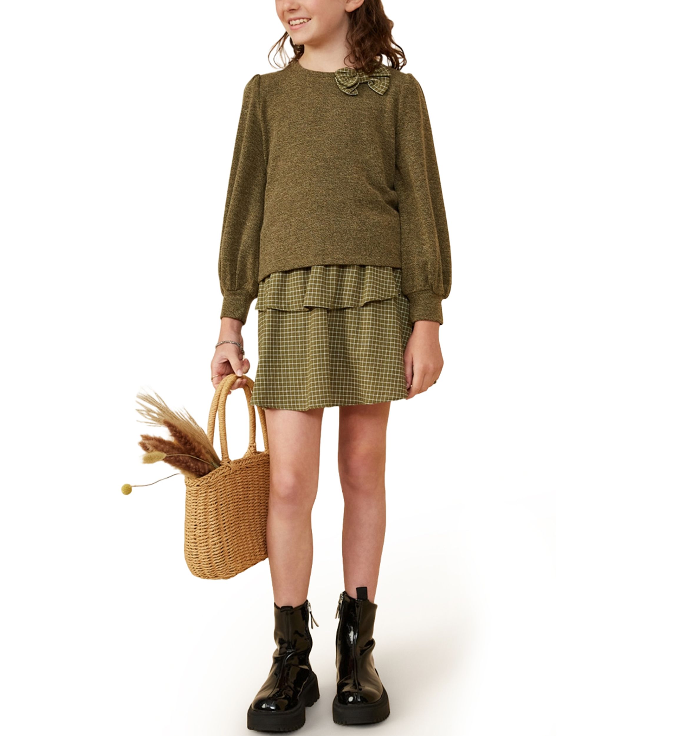 Girls 7-16 Knit Top with Plaid Bow