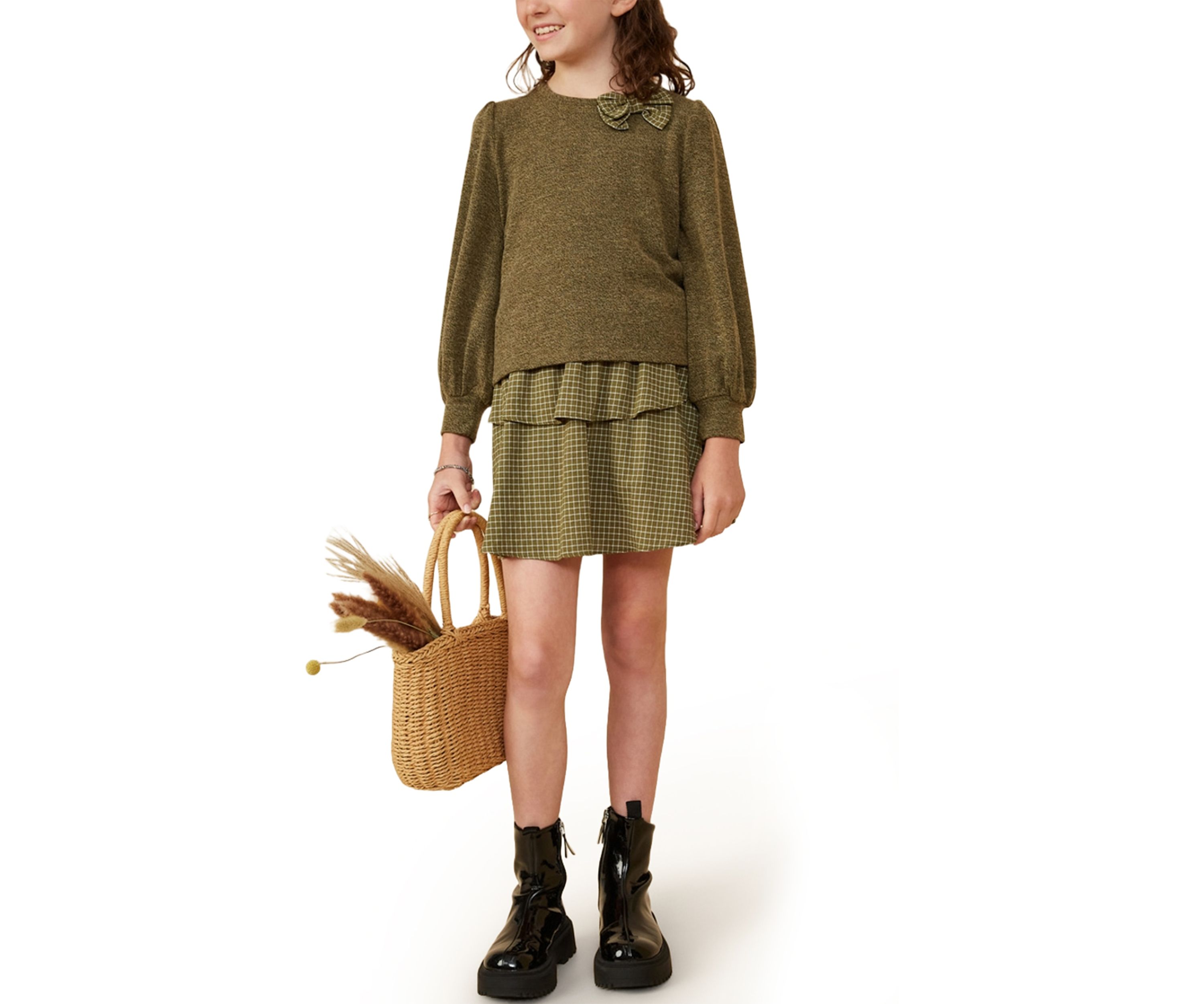 Girls 7-16 Knit Top with Plaid Bow