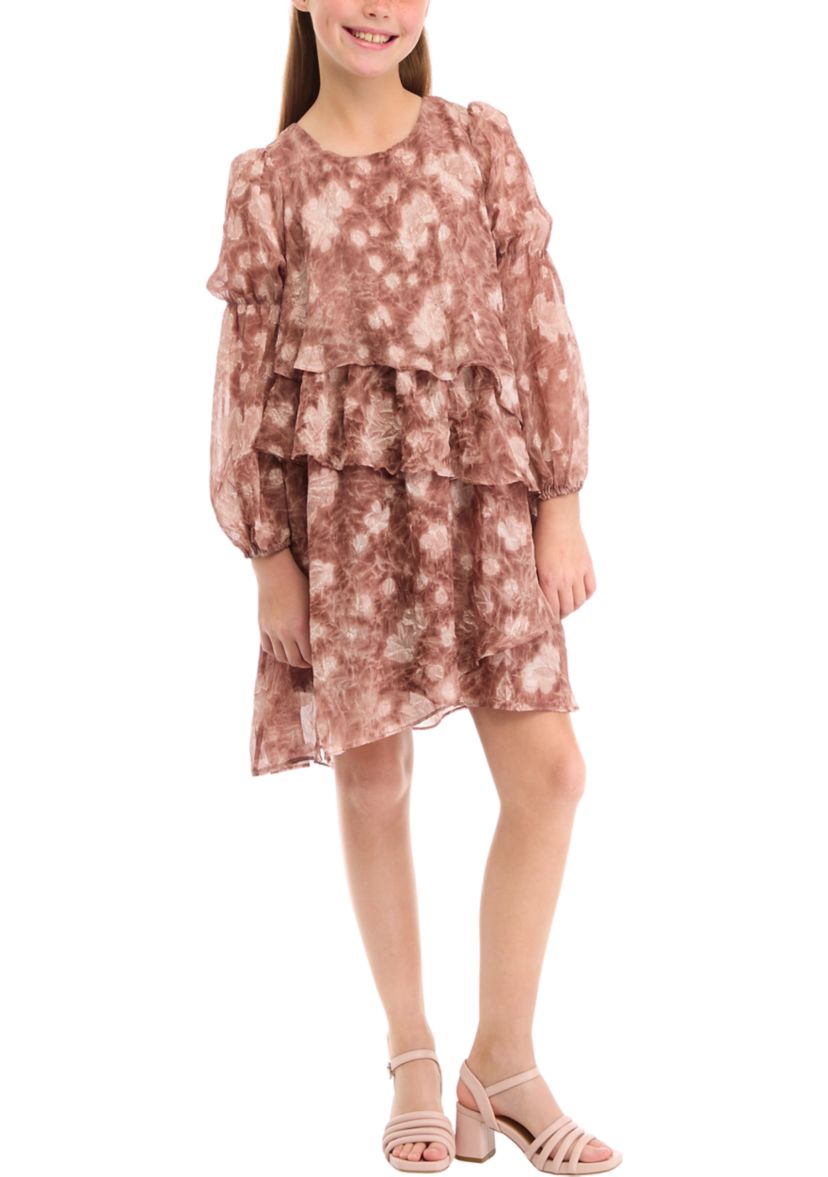 Girls 7-16 Long Sleeve Tiered Print Dress