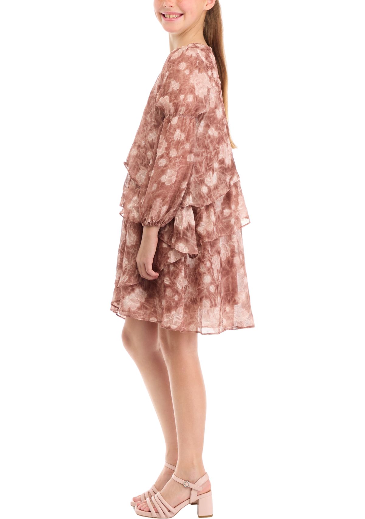 Girls 7-16 Long Sleeve Tiered Print Dress