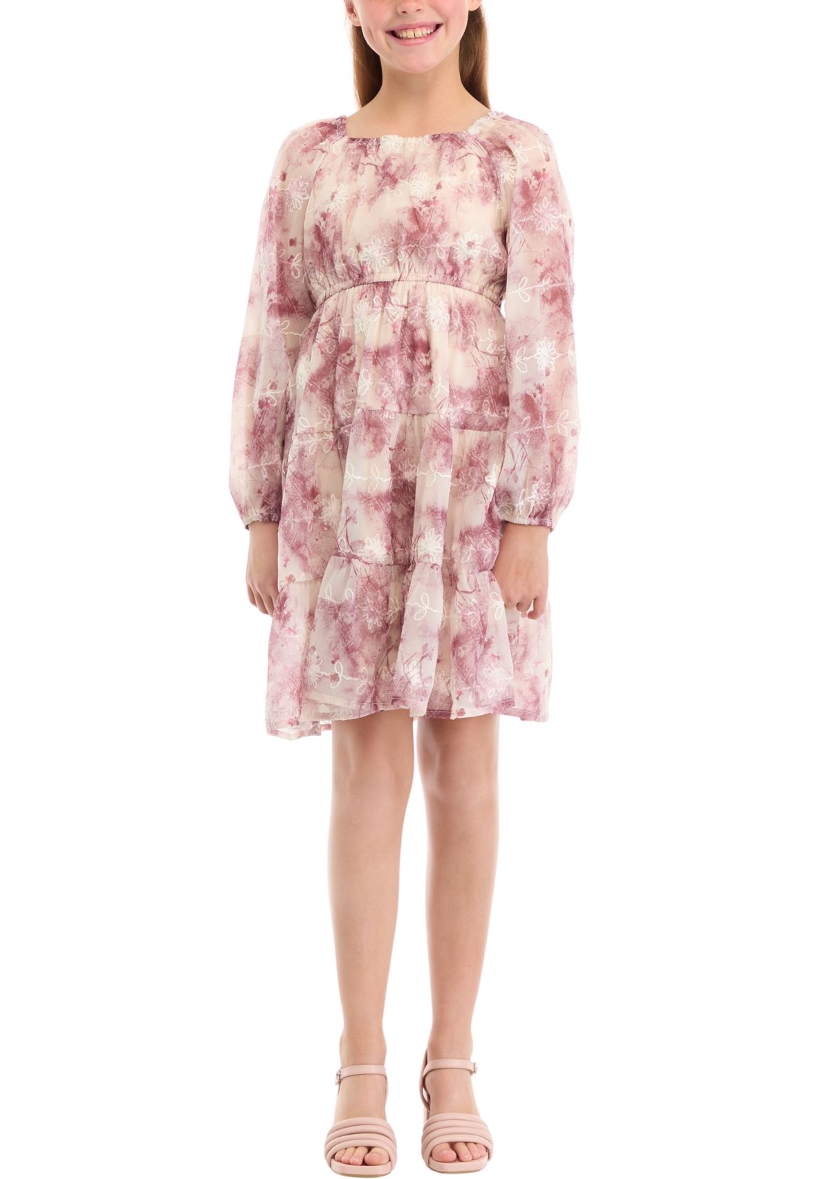 Girls 7-16 Organza Floral Long Sleeve Dress with Embroidery