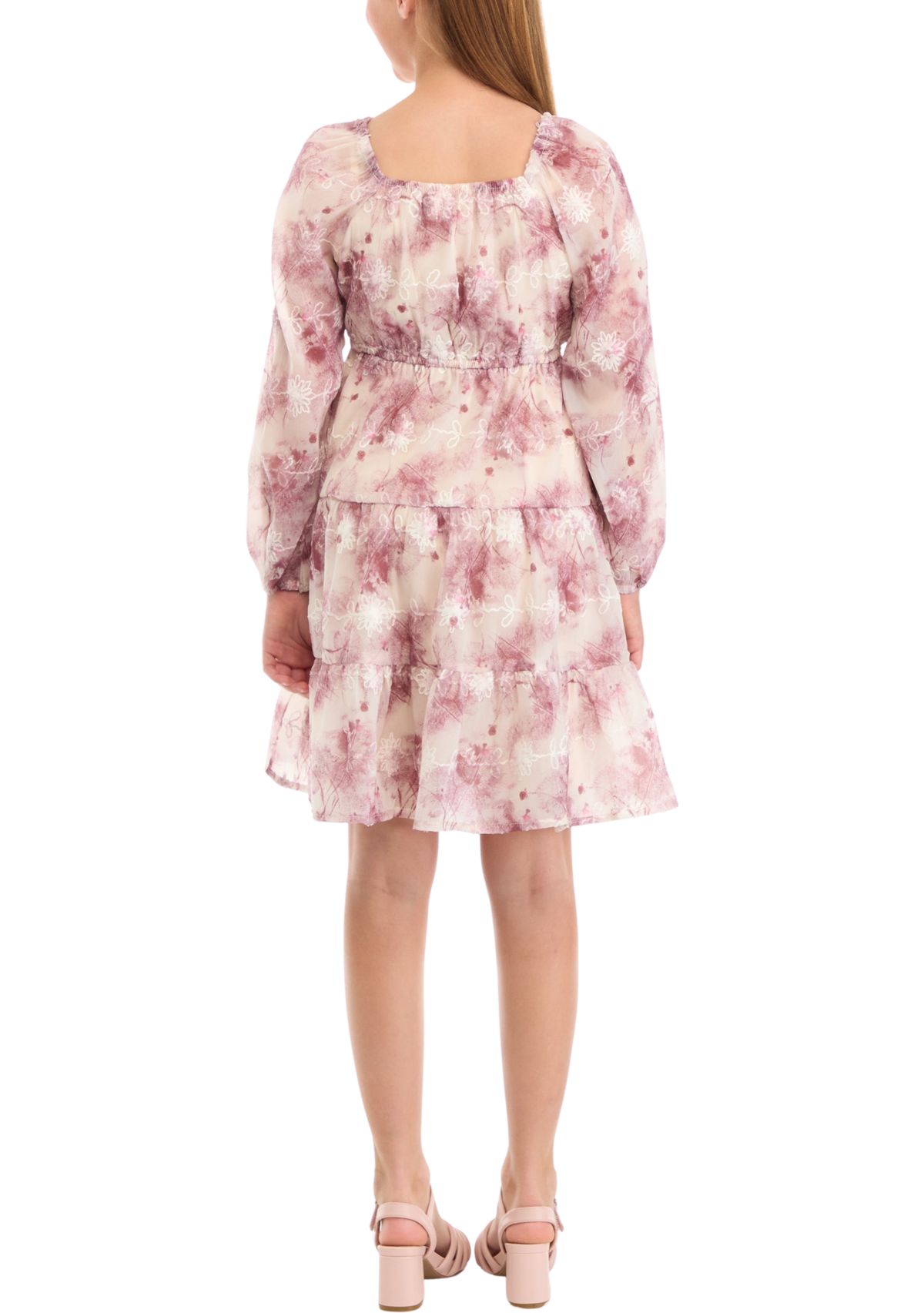 Girls 7-16 Organza Floral Long Sleeve Dress with Embroidery