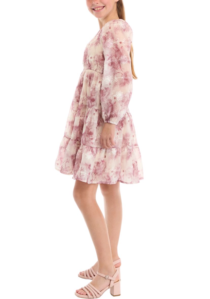 Girls 7-16 Organza Floral Long Sleeve Dress with Embroidery