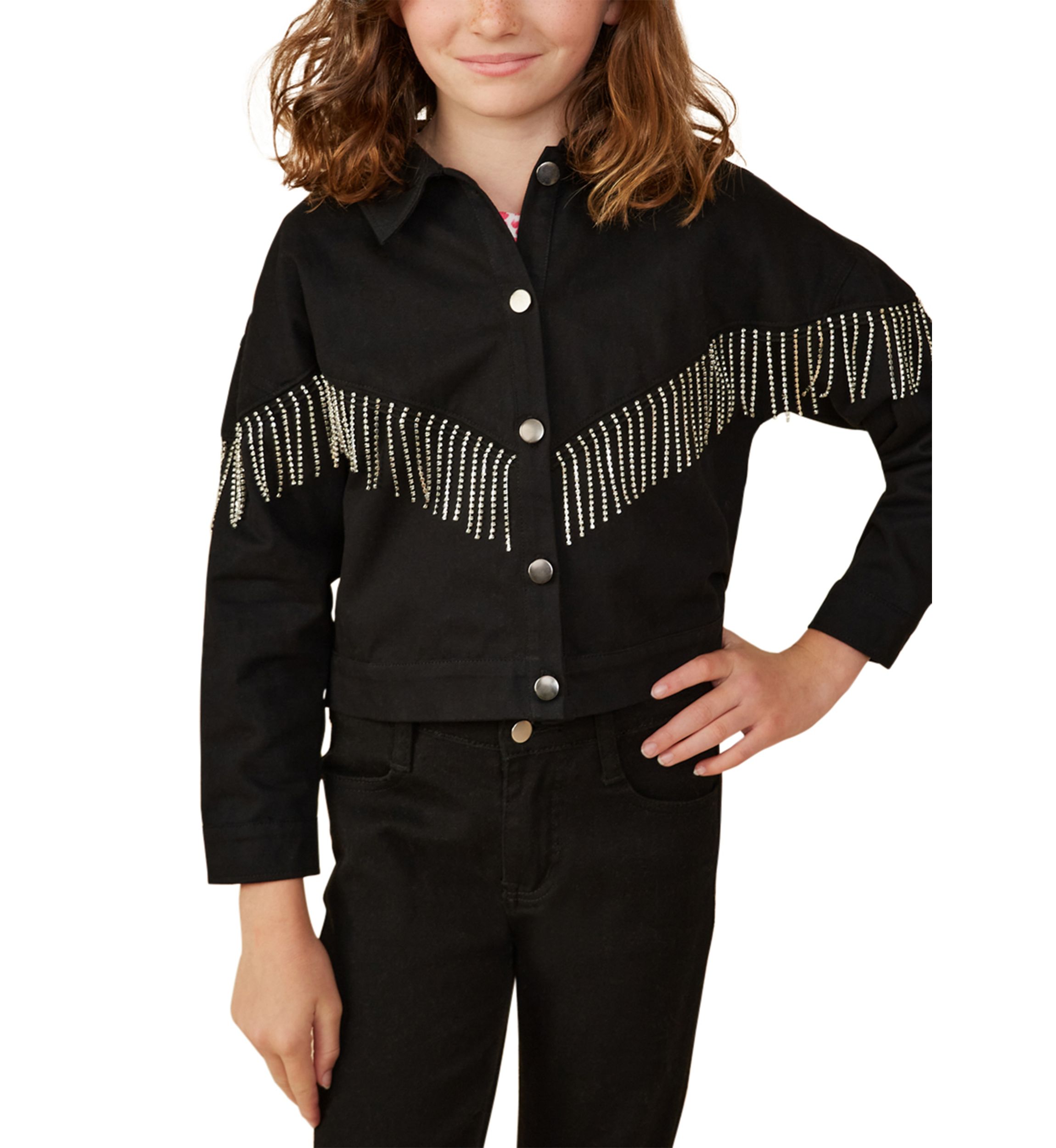 Girls 7-16 Button Front Rhinestone Fringe Jacket