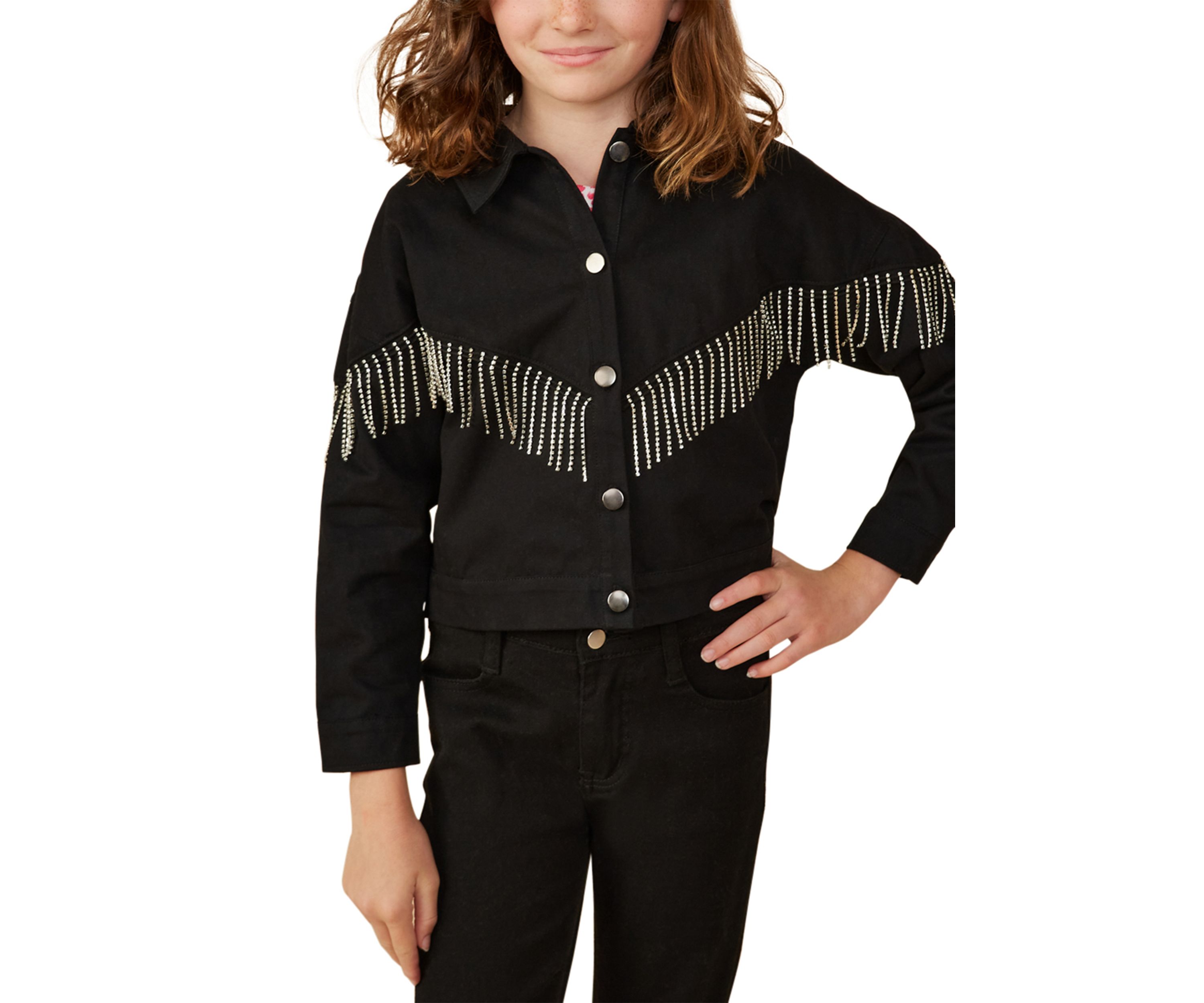 Girls 7-16 Button Front Rhinestone Fringe Jacket
