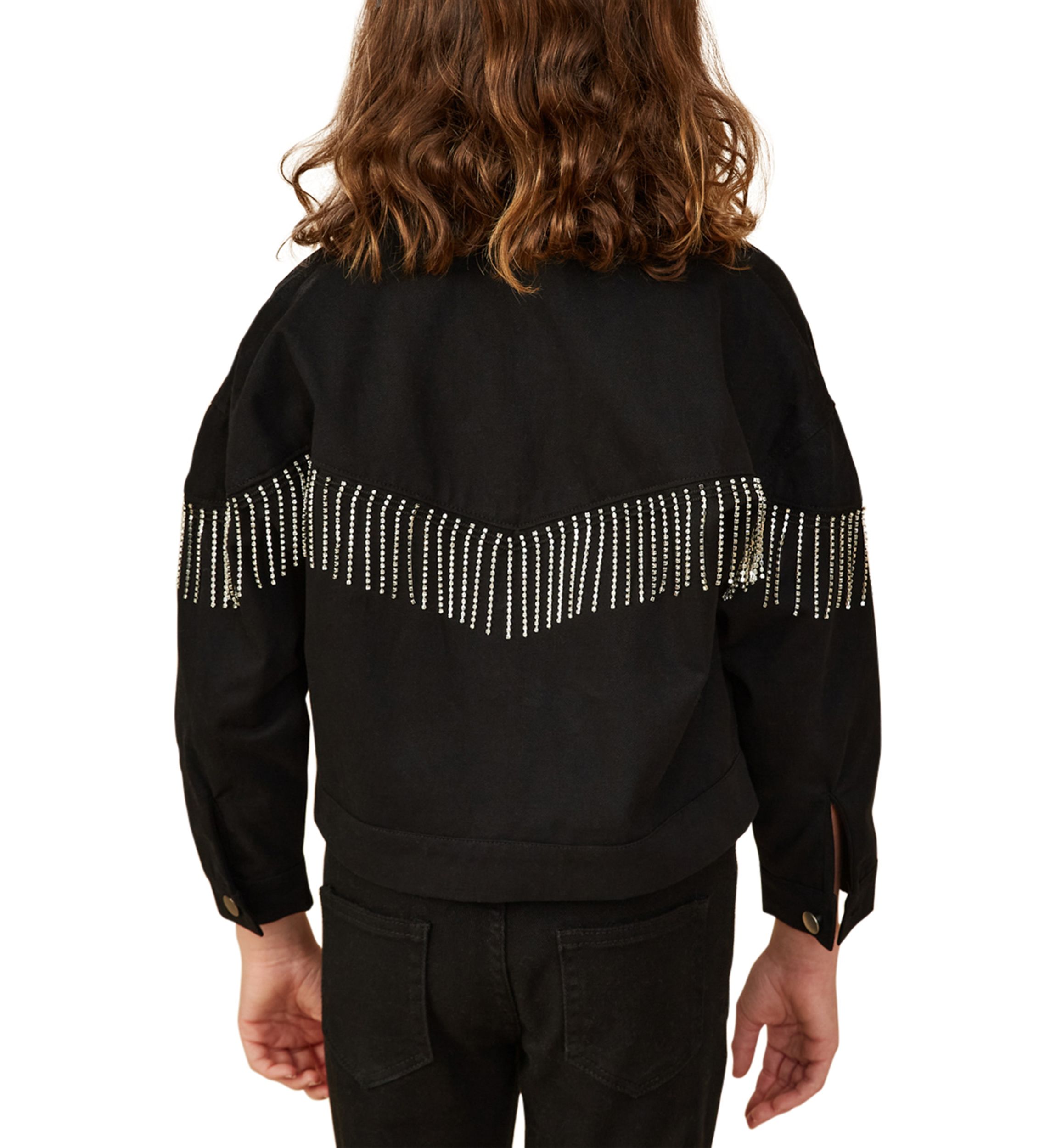 Girls 7-16 Button Front Rhinestone Fringe Jacket