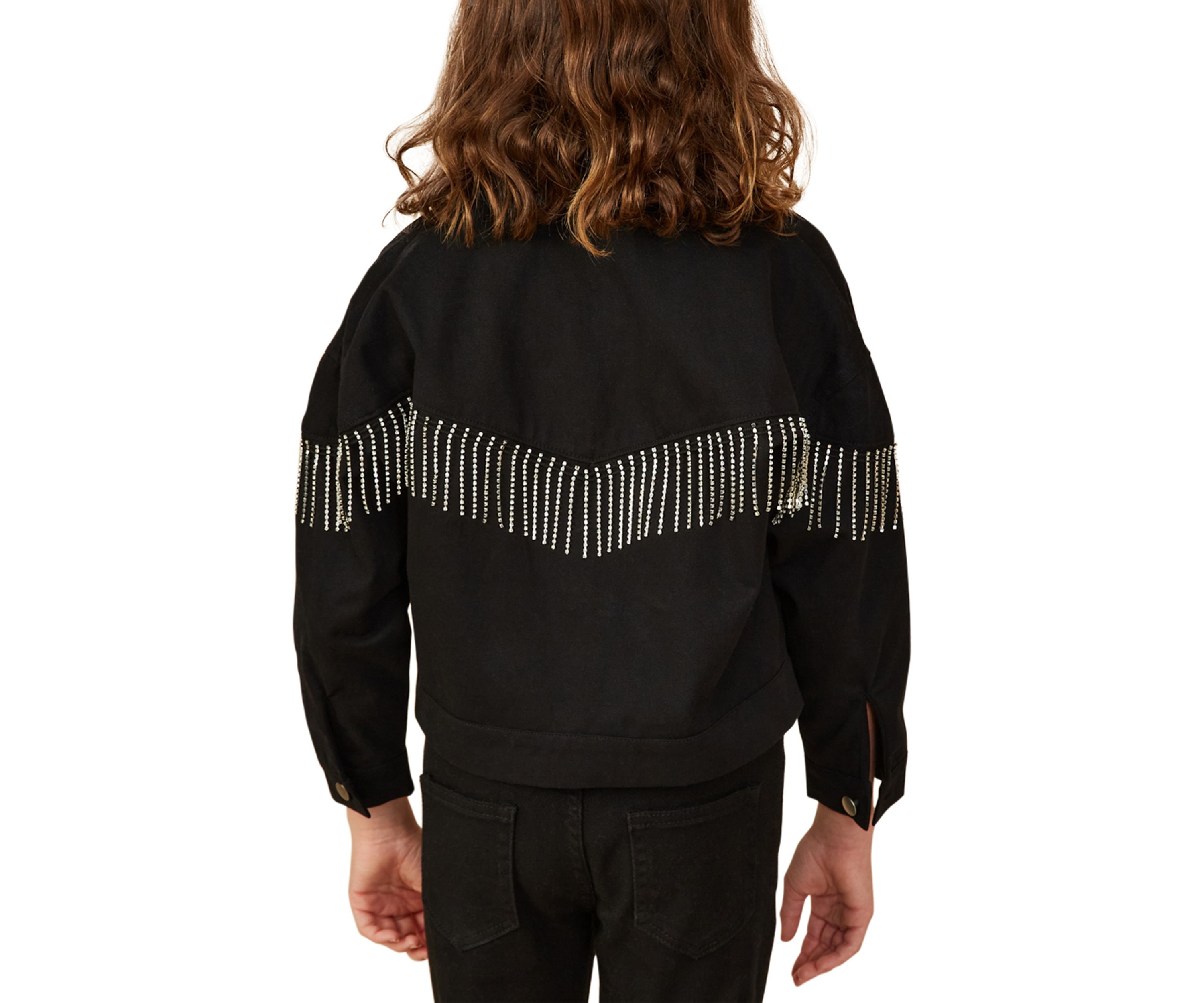 Girls 7-16 Button Front Rhinestone Fringe Jacket